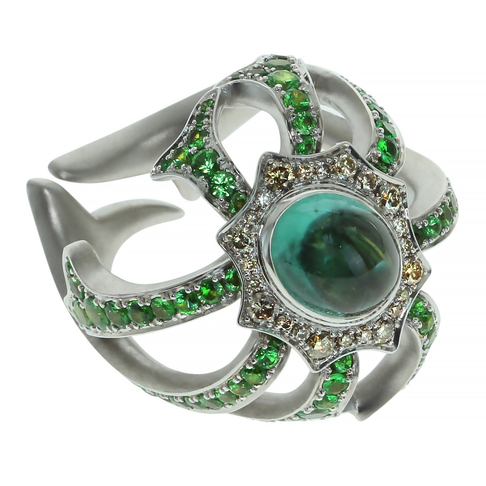 R 0012-0, 18K White Gold, Tourmaline, Tsavorite, Champagne Diamonds Ring