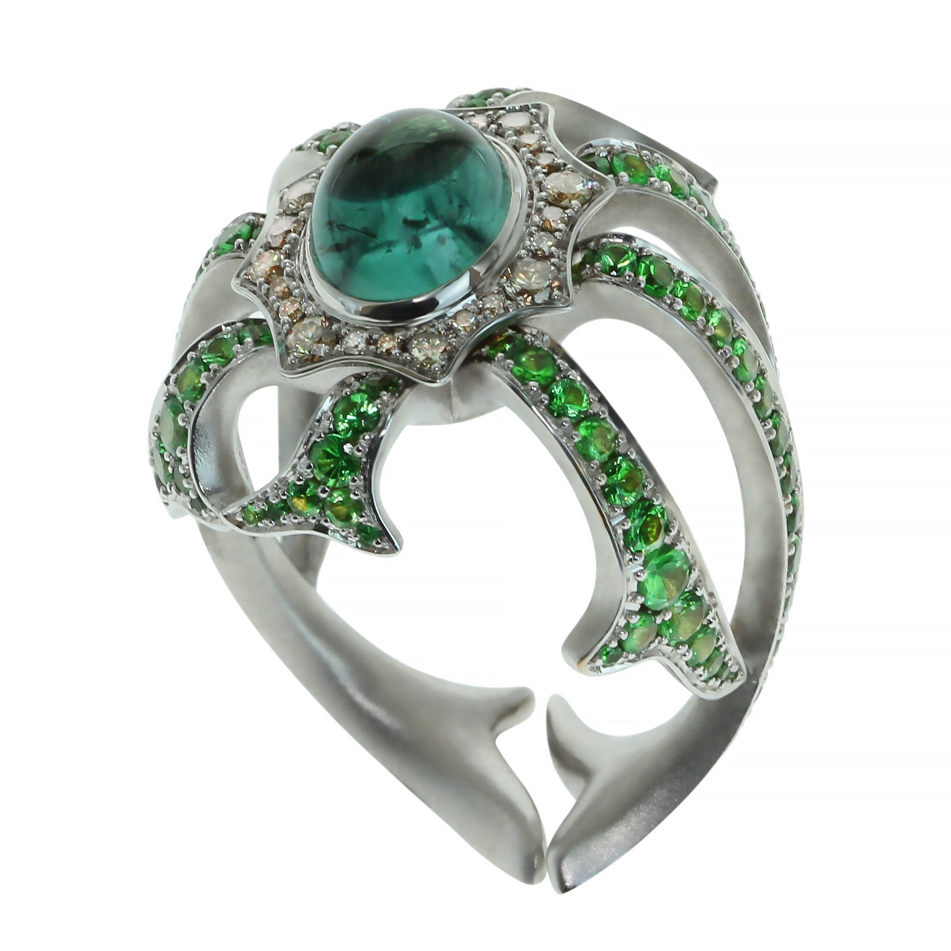 R 0012-0, 18K White Gold, Tourmaline, Tsavorite, Champagne Diamonds Ring