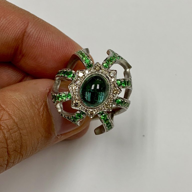 Tourmaline, Tsavorite, Champagne Diamonds Ring 18K White Gold, R 0012-0