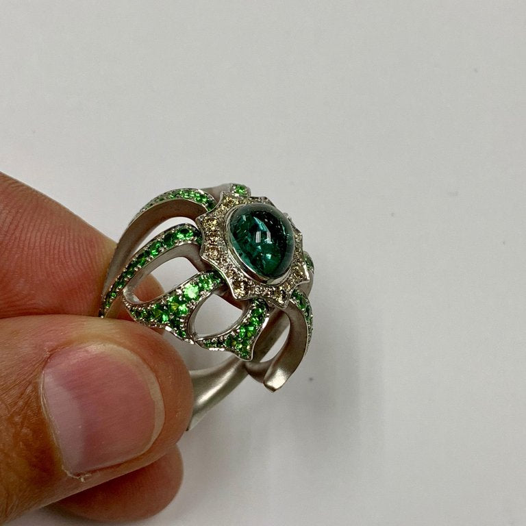 Tourmaline, Tsavorite, Champagne Diamonds Ring 18K White Gold, R 0012-0