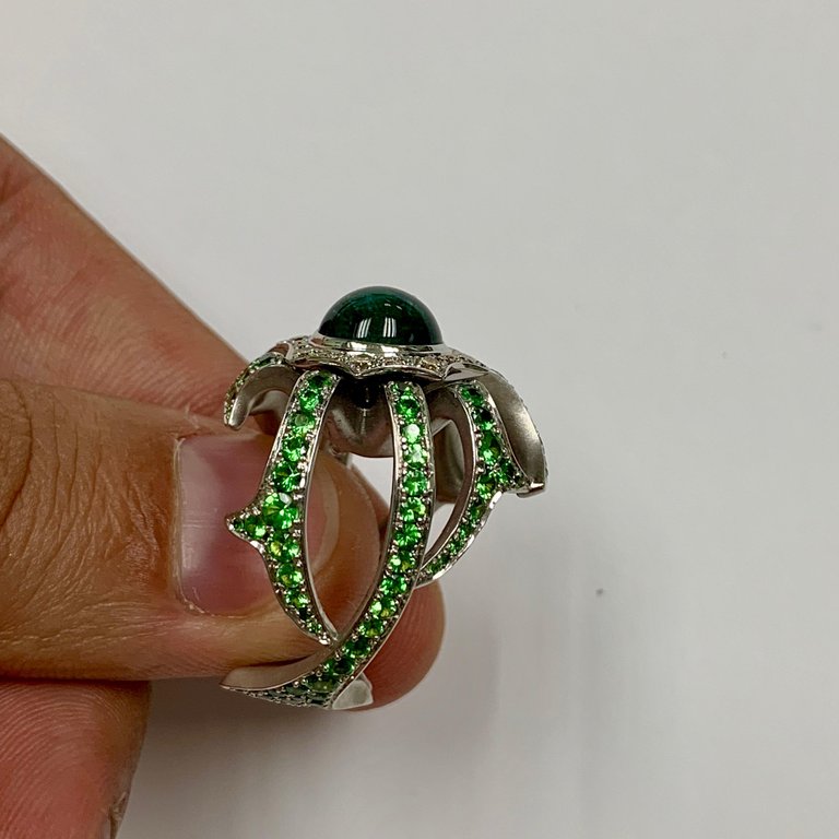 Tourmaline, Tsavorite, Champagne Diamonds Ring 18K White Gold, R 0012-0