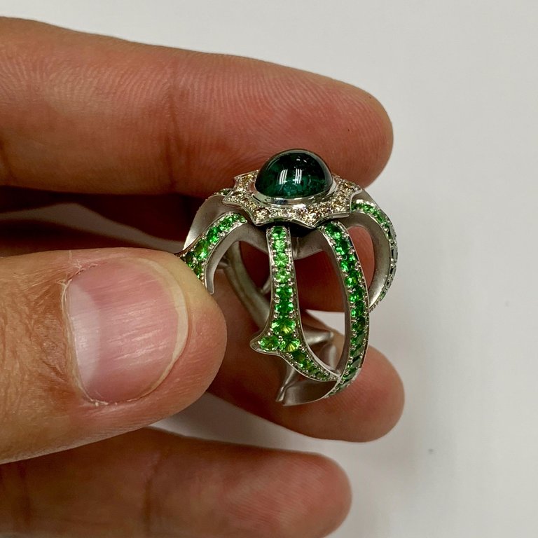 Tourmaline, Tsavorite, Champagne Diamonds Ring 18K White Gold, R 0012-0