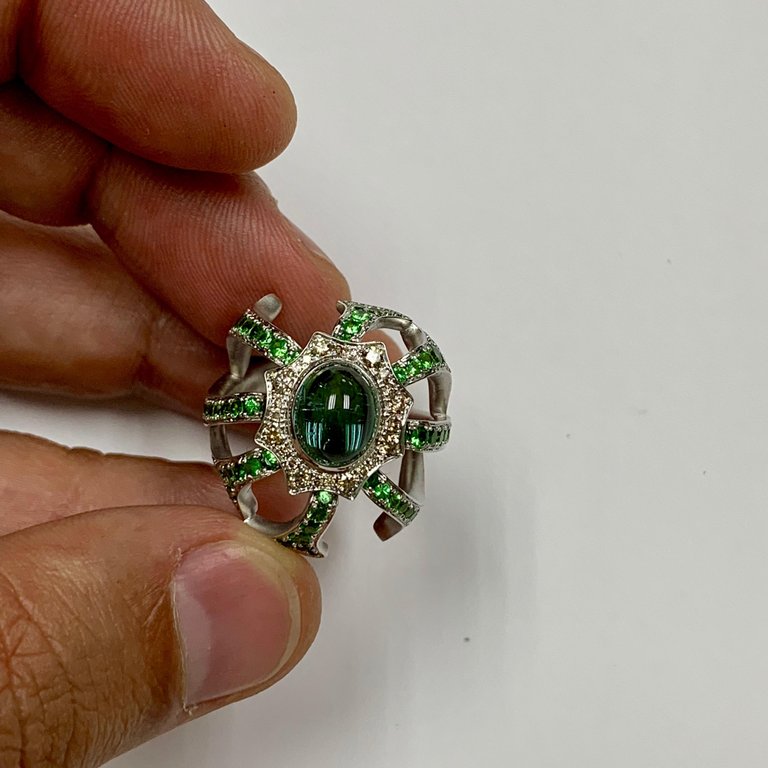 Tourmaline, Tsavorite, Champagne Diamonds Ring 18K White Gold, R 0012-0