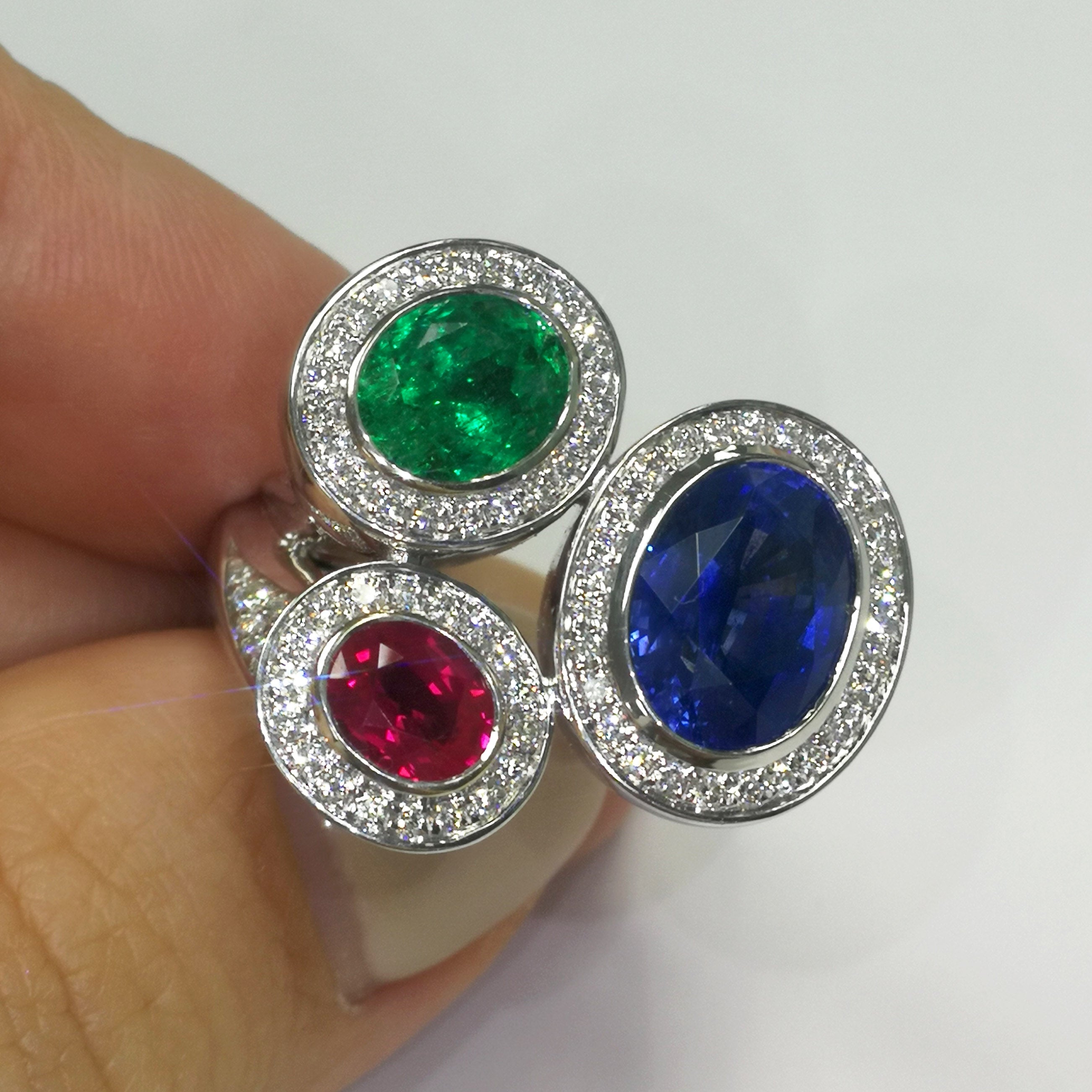 Emerald, Ruby, Sapphire, Diamonds 18K White Gold Ring, R 0113-0