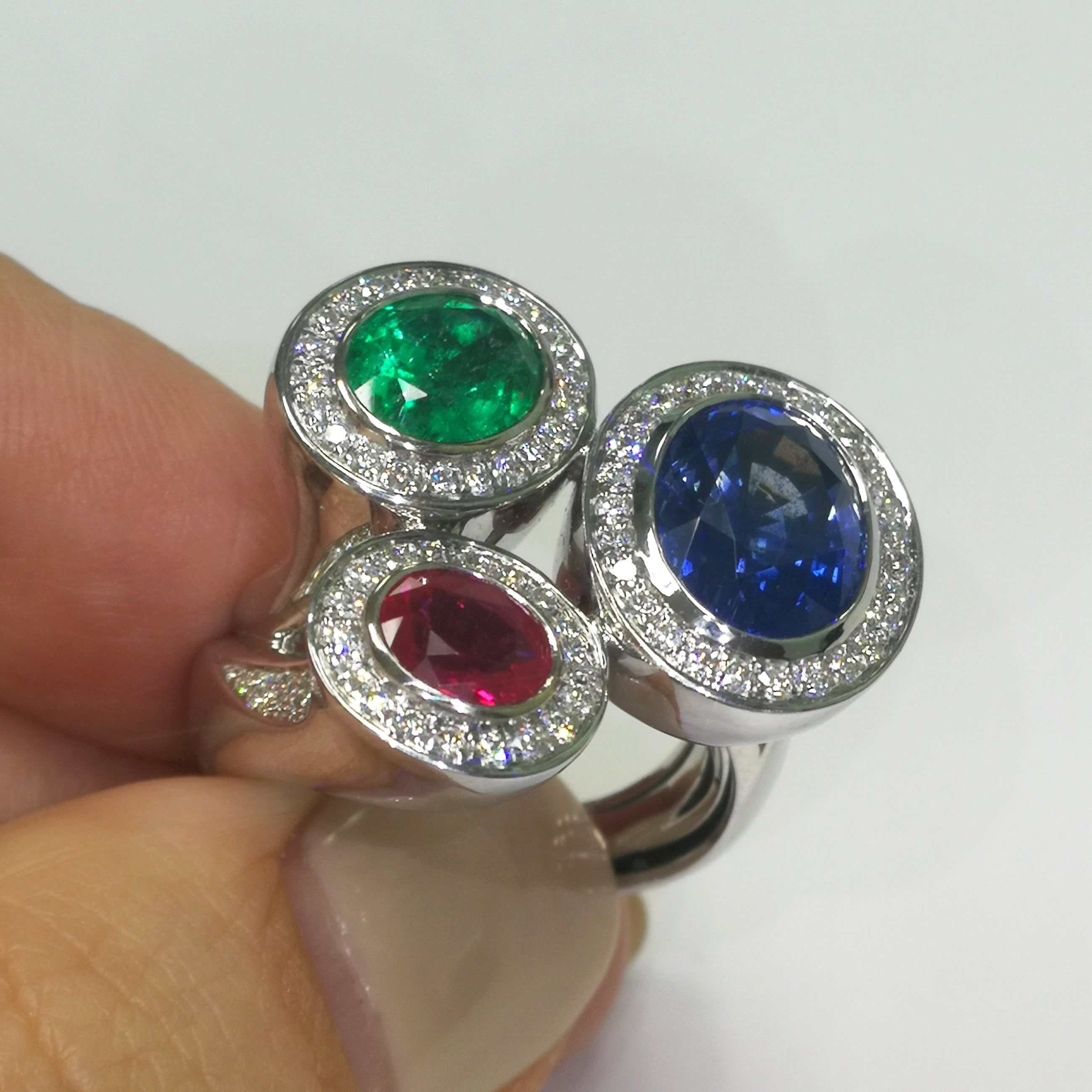 Emerald, Ruby, Sapphire, Diamonds 18K White Gold Ring, R 0113-0