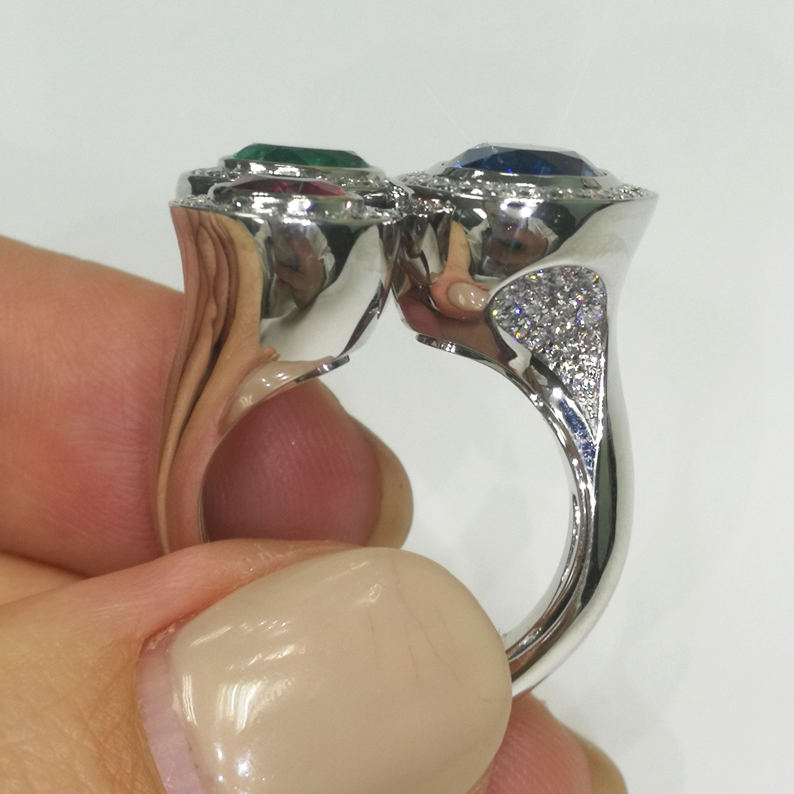 Emerald, Ruby, Sapphire, Diamonds 18K White Gold Ring, R 0113-0