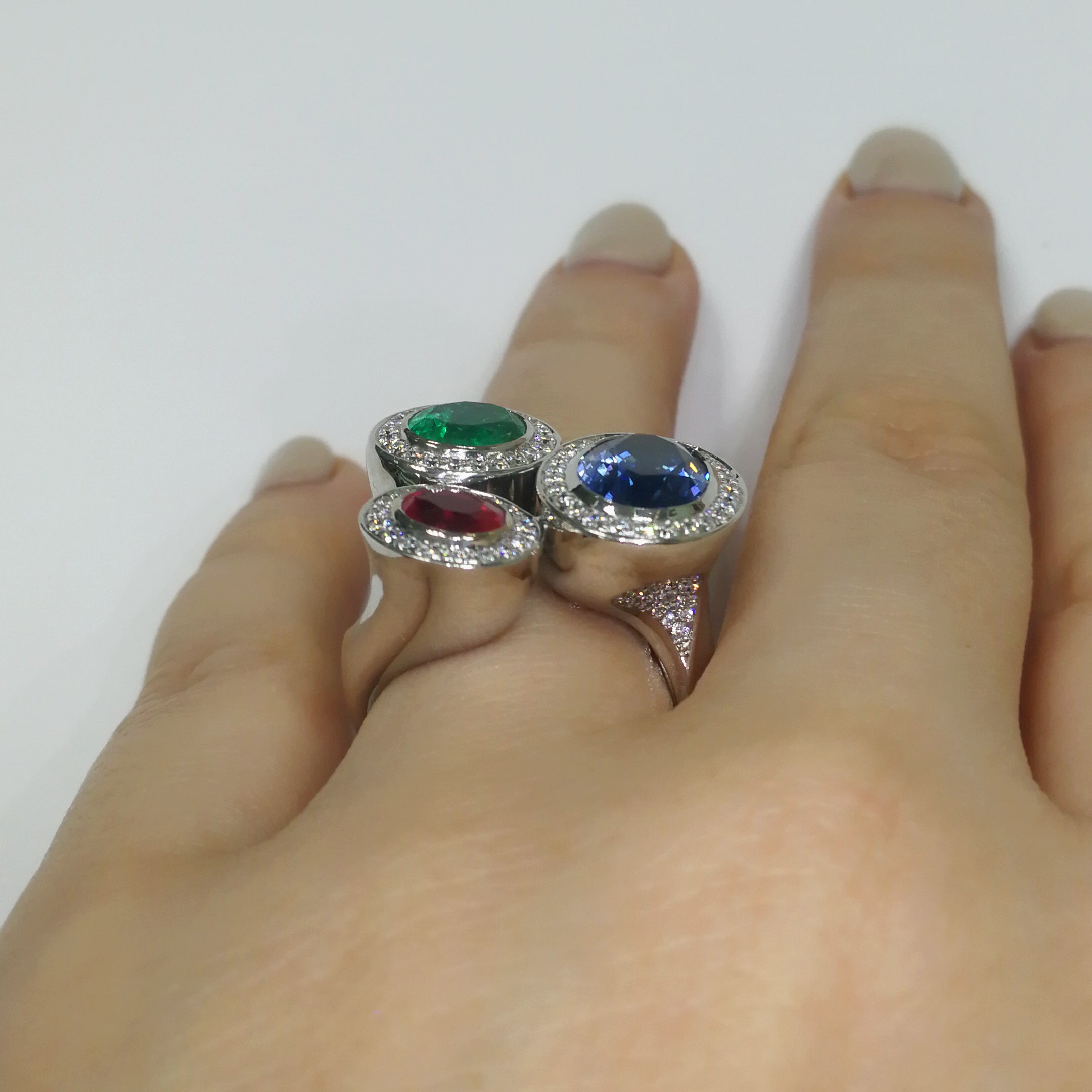 Emerald, Ruby, Sapphire, Diamonds 18K White Gold Ring, R 0113-0