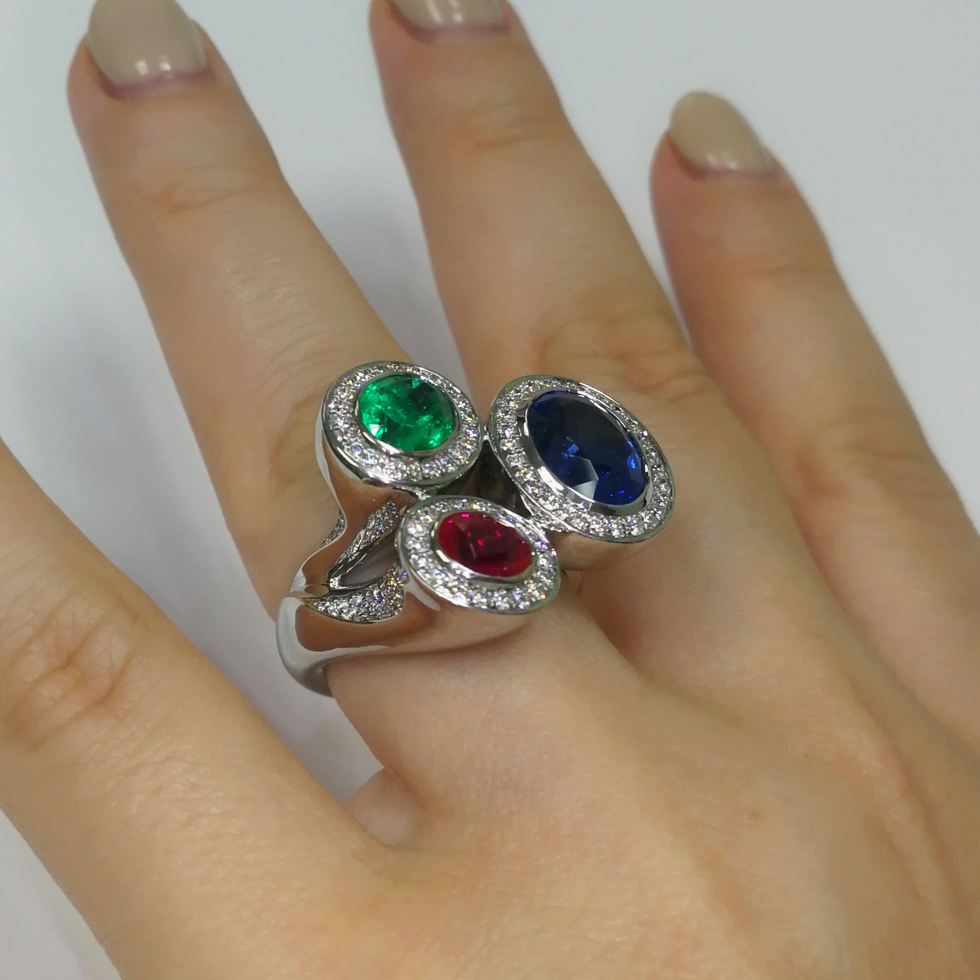 Emerald, Ruby, Sapphire, Diamonds 18K White Gold Ring, R 0113-0
