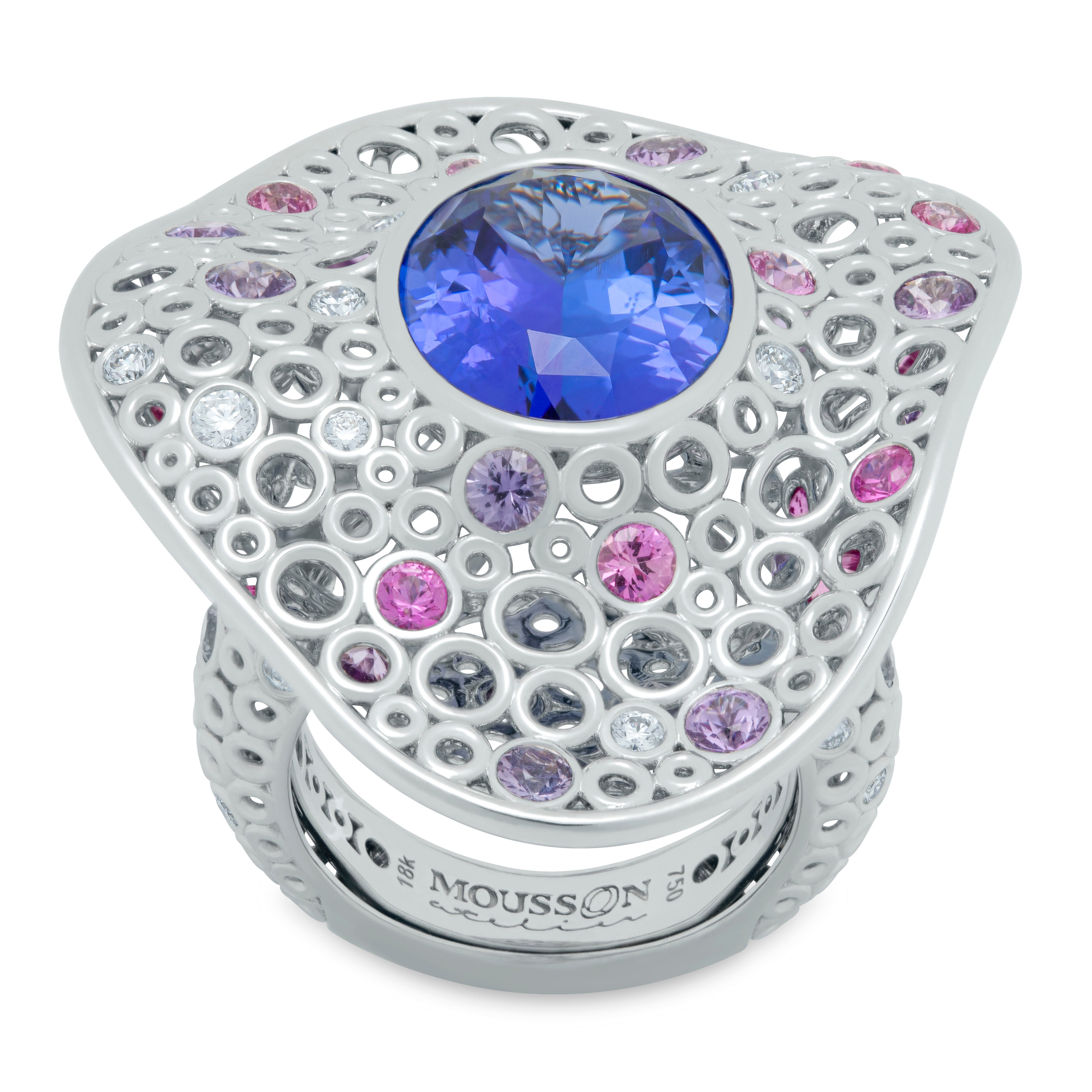 Tanzanite, Diamonds, Purple Pink Sapphires 18K White Gold Ring, R 0023-6