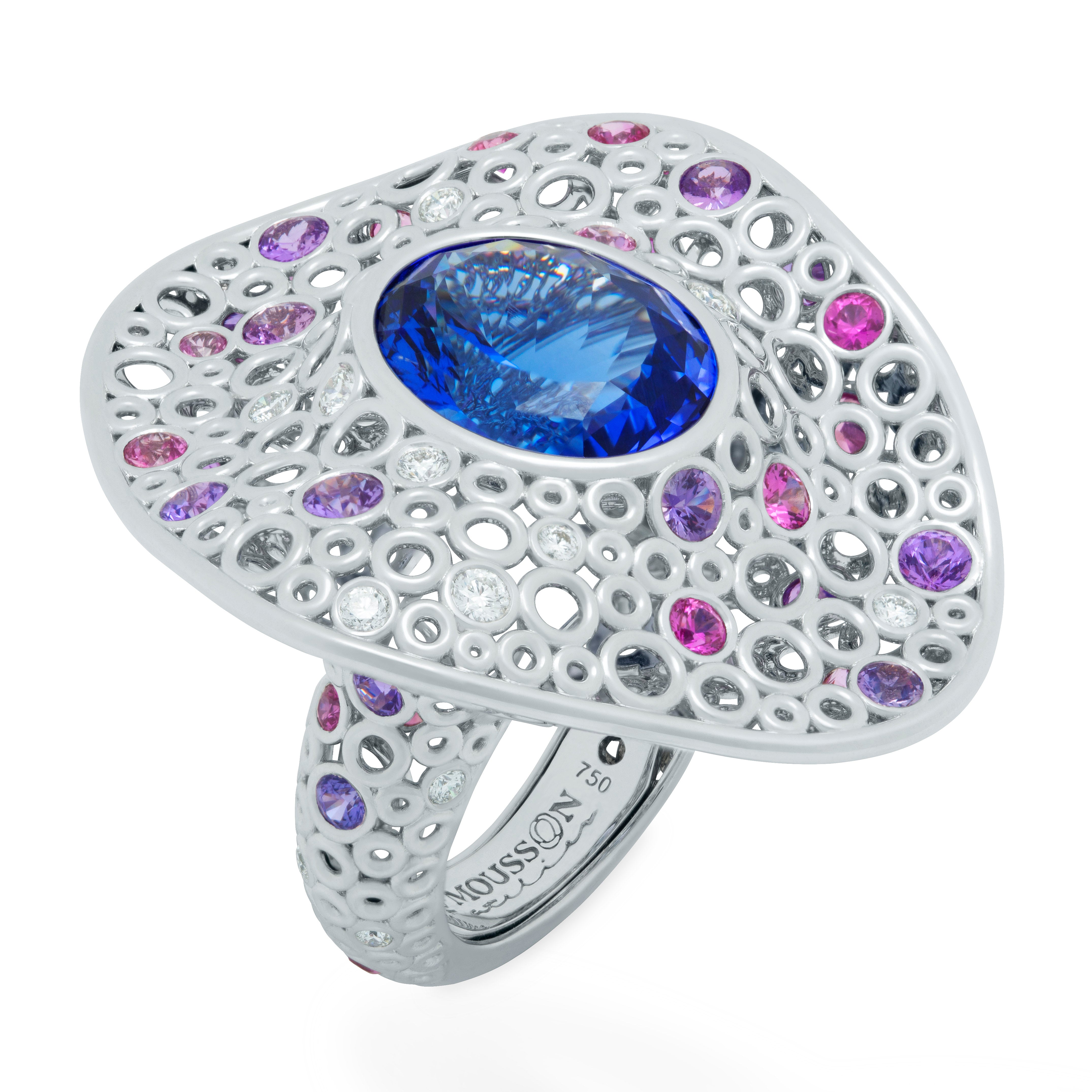 Tanzanite, Diamonds, Purple Pink Sapphires 18K White Gold Ring, R 0023-6