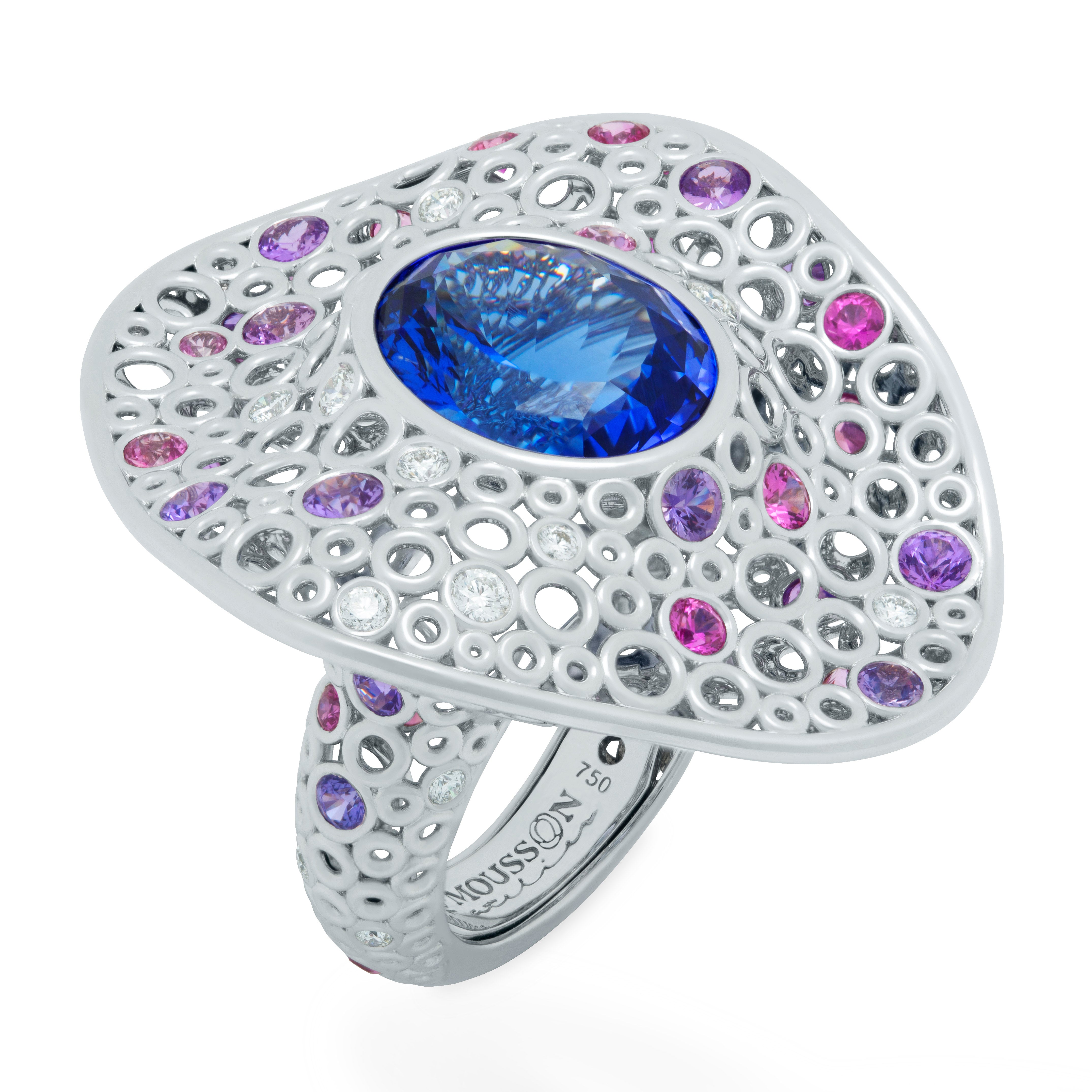 R 0023-6 18K White Gold, Tanzanite, Diamonds, Sapphire Ring