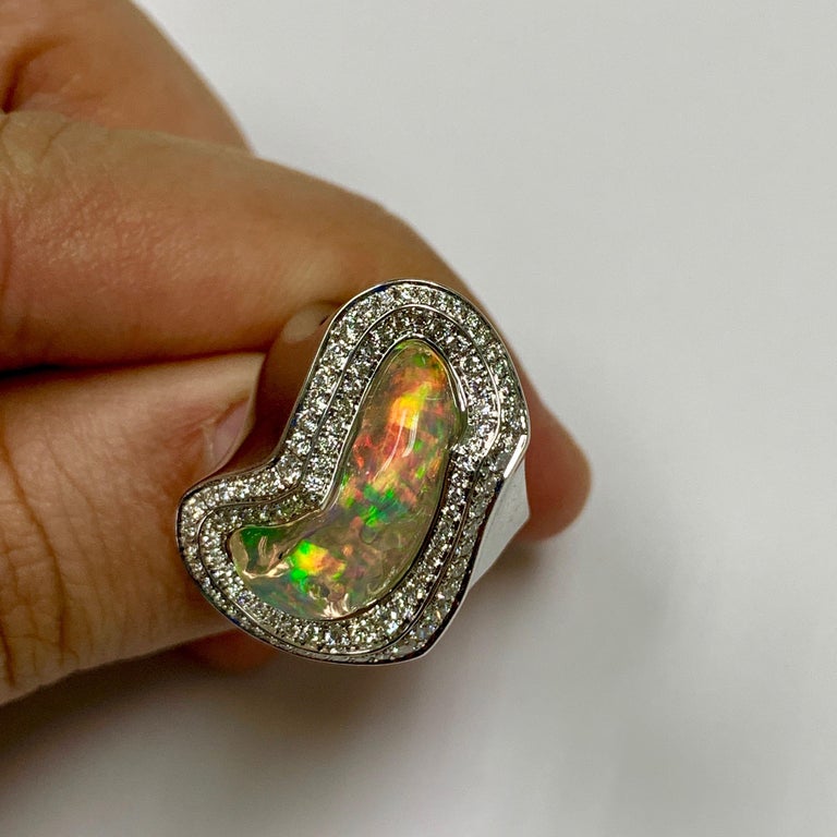 Mexican Fire Opal, Diamonds 18K White Gold Ring, R 0029-13