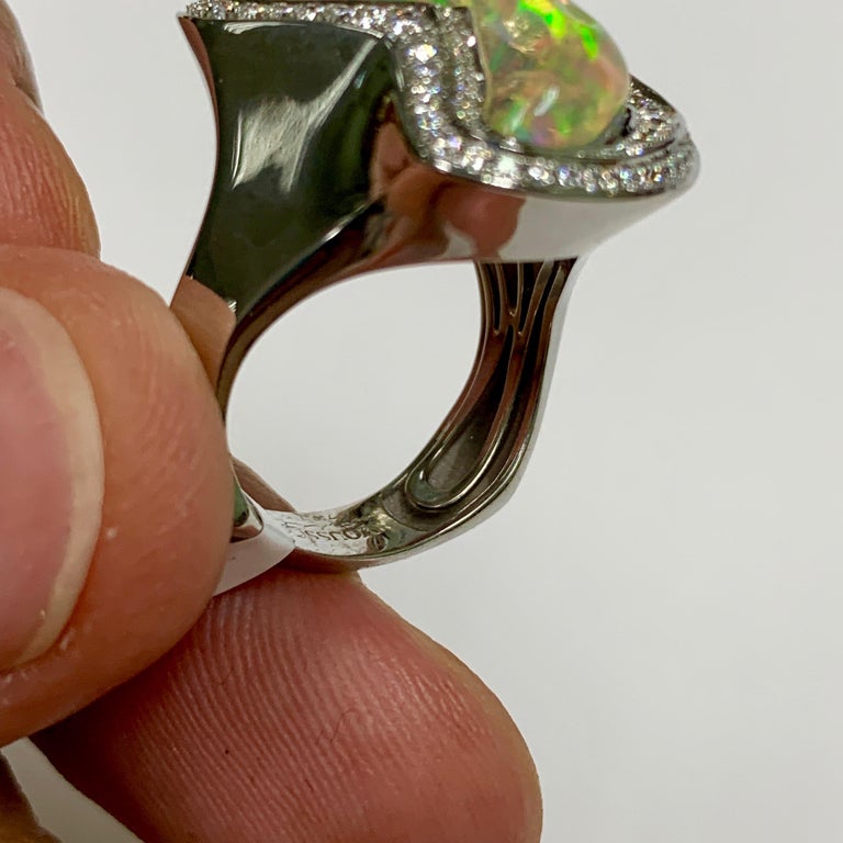 Mexican Fire Opal, Diamonds 18K White Gold Ring, R 0029-13