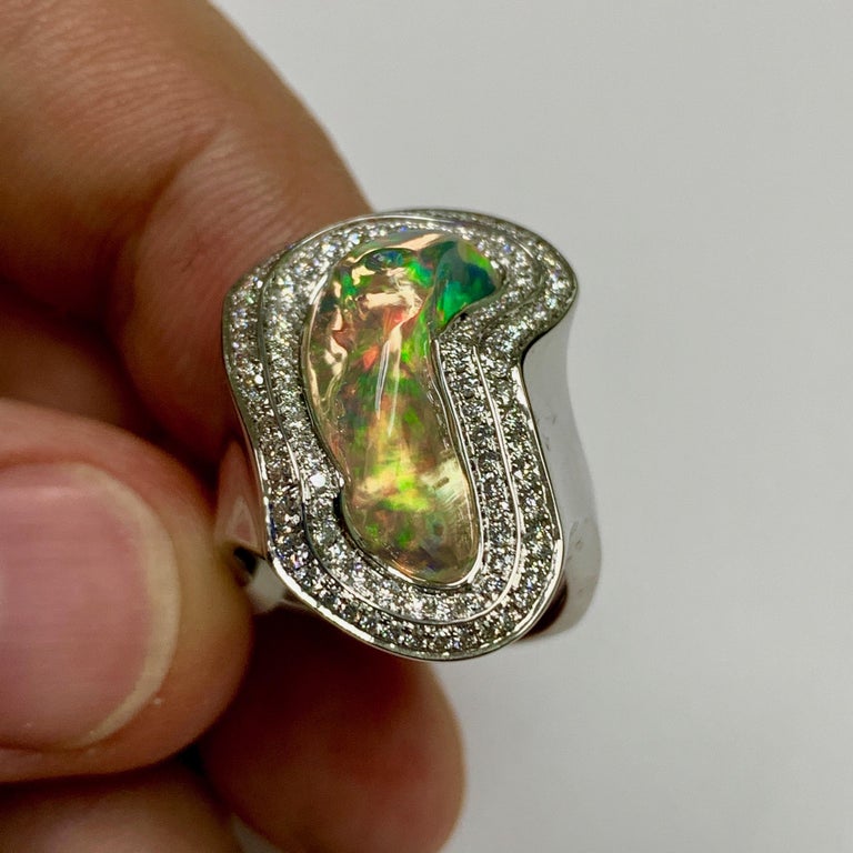 Mexican Fire Opal, Diamonds 18K White Gold Ring, R 0029-13