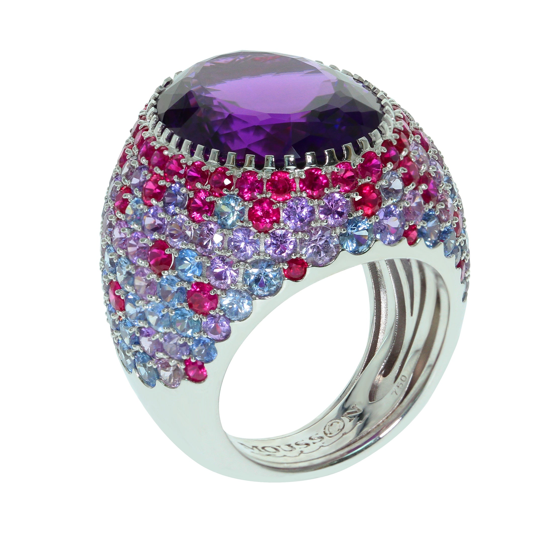 R 0040-2, 18K White Gold, Amethyst, Sapphires, Ruby Ring