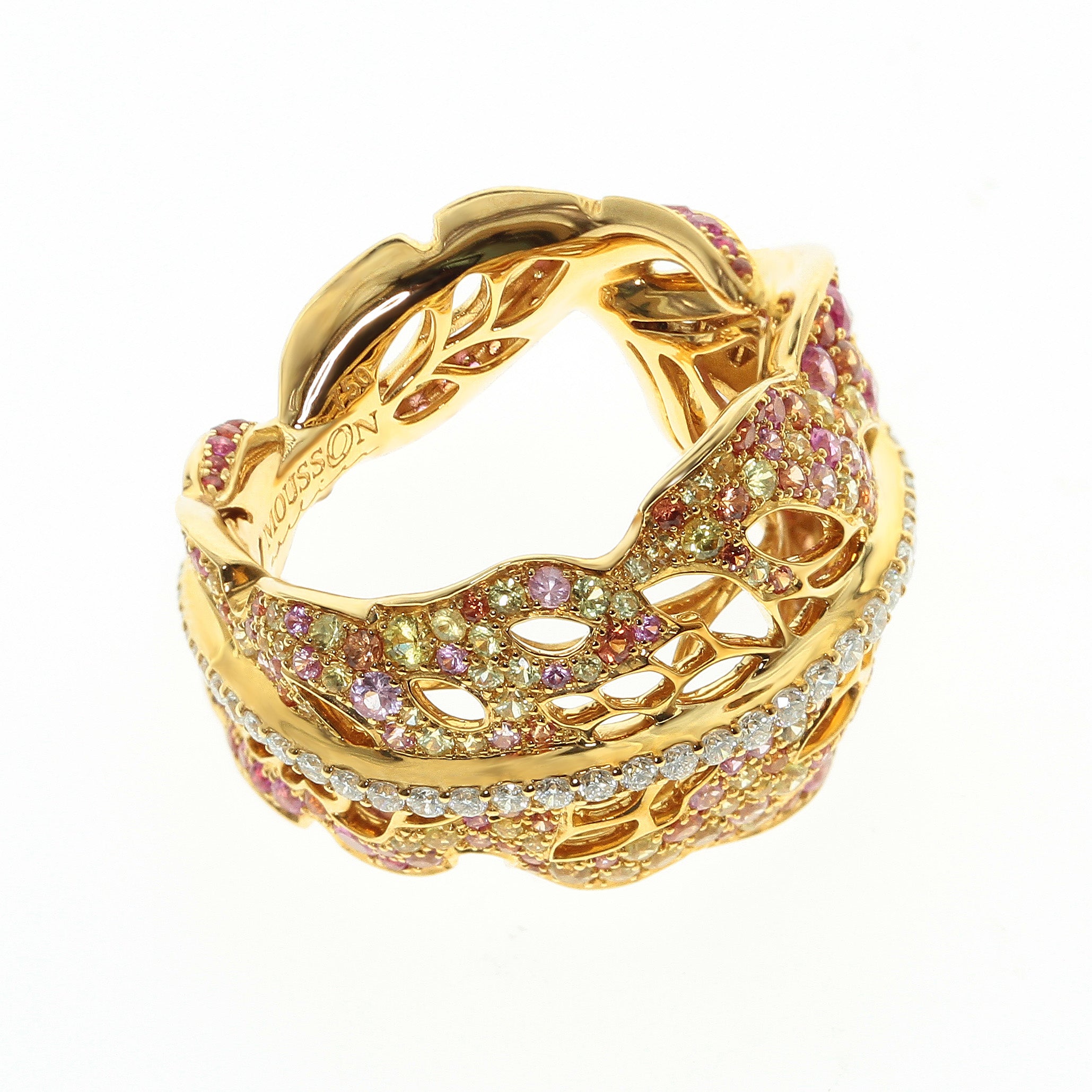Pink, Yellow and Orange Sapphires, Diamonds 18K Yellow Gold Ring, R 0042-0