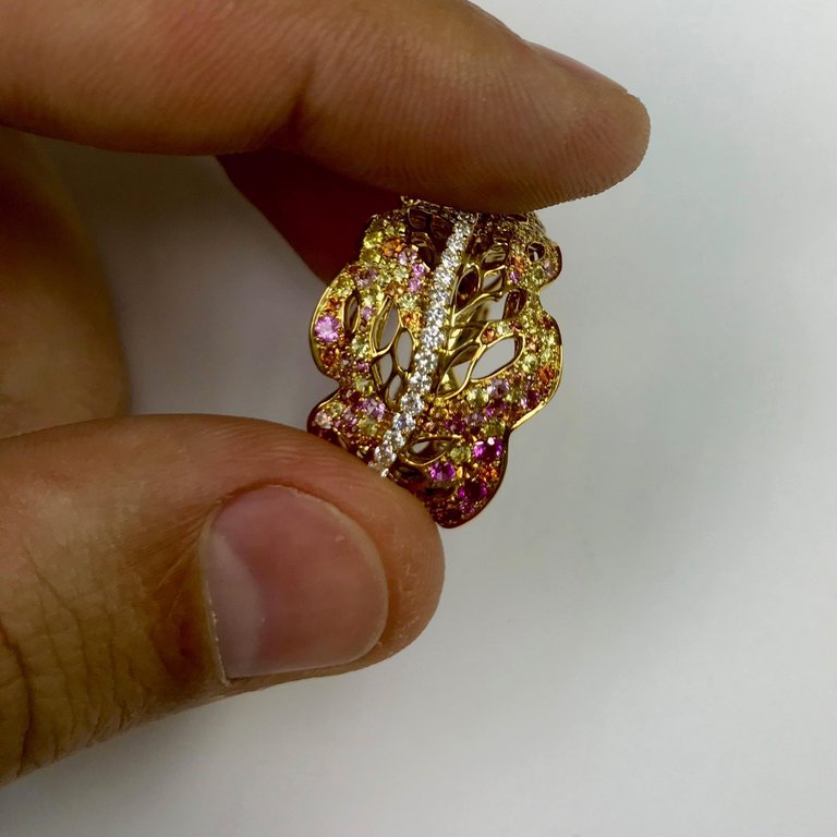 Pink, Yellow and Orange Sapphires, Diamonds 18K Yellow Gold Ring, R 0042-0