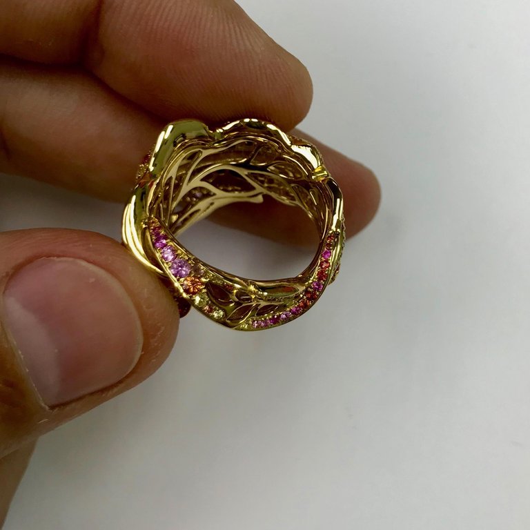 Pink, Yellow and Orange Sapphires, Diamonds 18K Yellow Gold Ring, R 0042-0