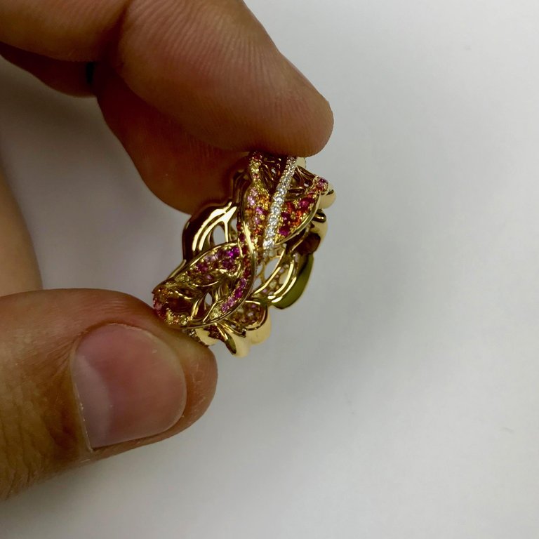 Pink, Yellow and Orange Sapphires, Diamonds 18K Yellow Gold Ring, R 0042-0