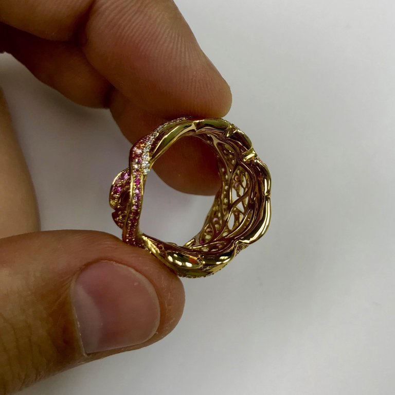 Pink, Yellow and Orange Sapphires, Diamonds 18K Yellow Gold Ring, R 0042-0