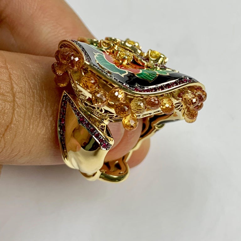 R 0097-2 18K Yellow Gold, Enamel, Ruby, Yellow and Orange Sapphire Ring