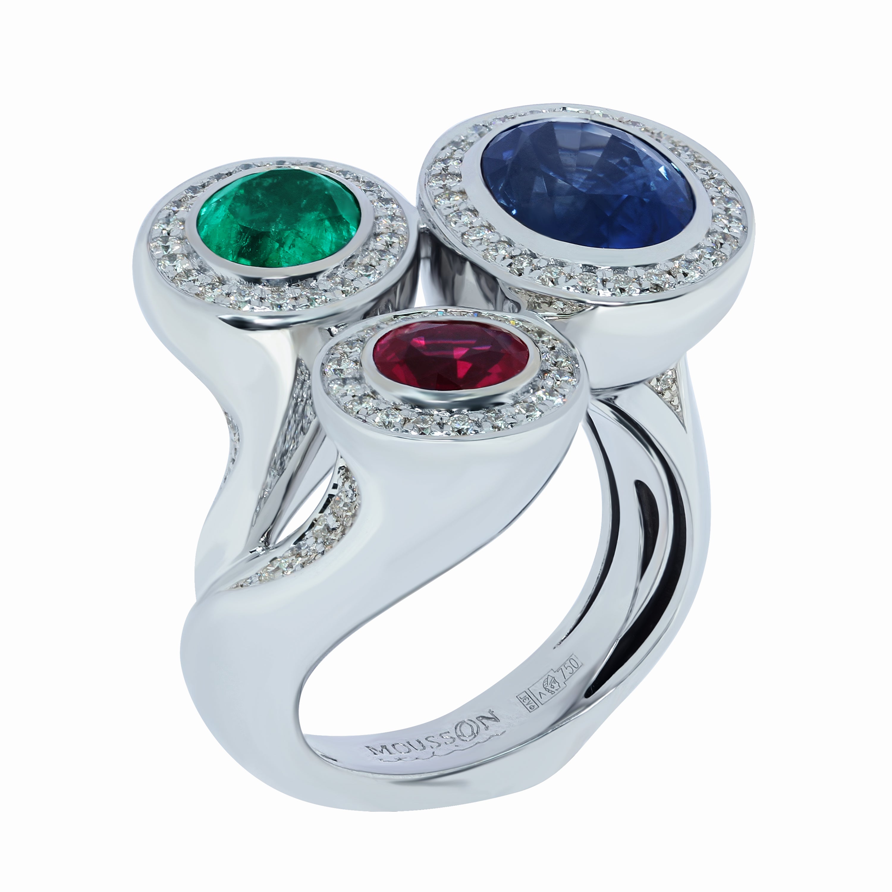 Emerald, Ruby, Sapphire, Diamonds 18K White Gold Ring, R 0113-0