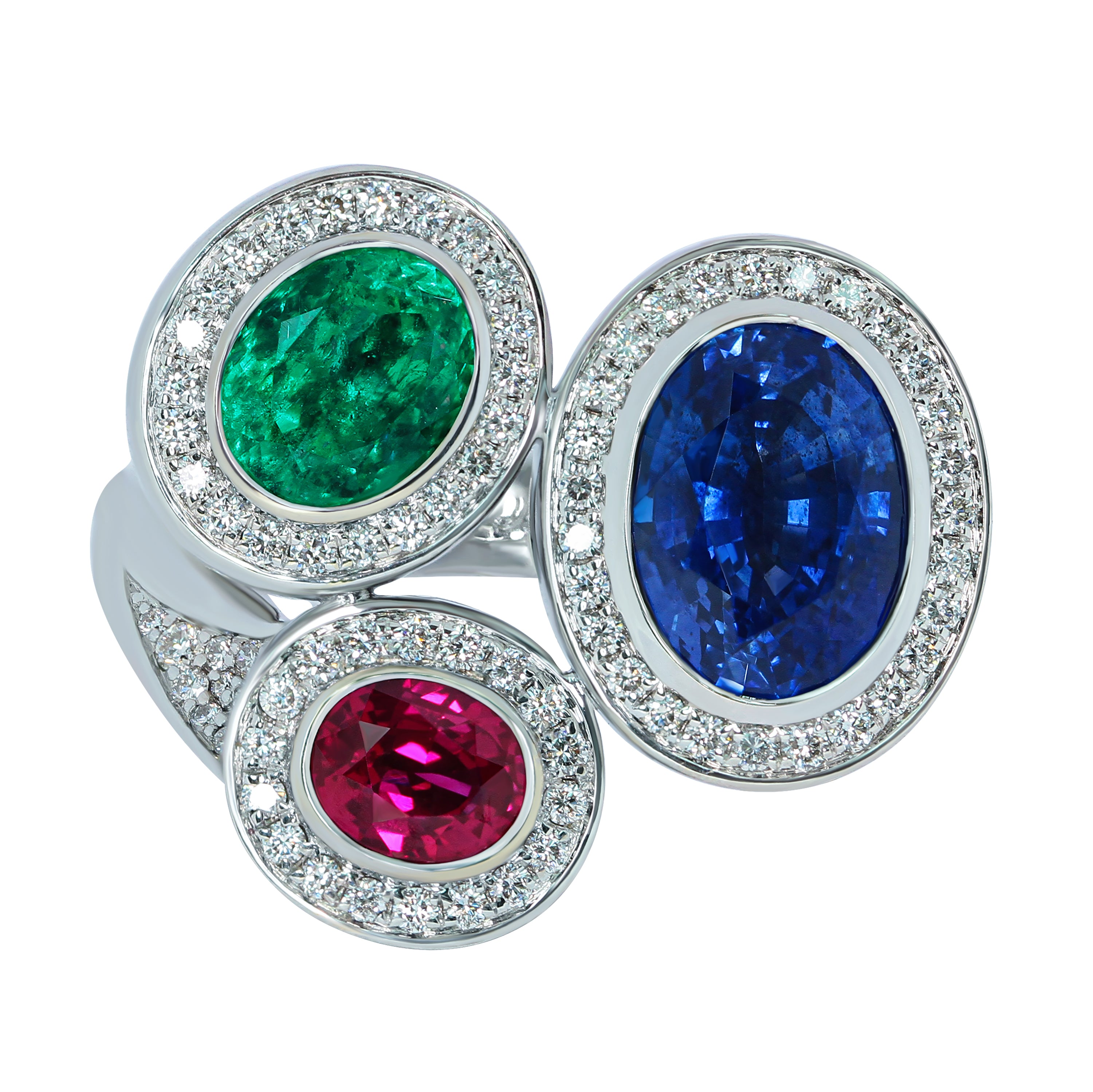 Emerald, Ruby, Sapphire, Diamonds 18K White Gold Ring, R 0113-0