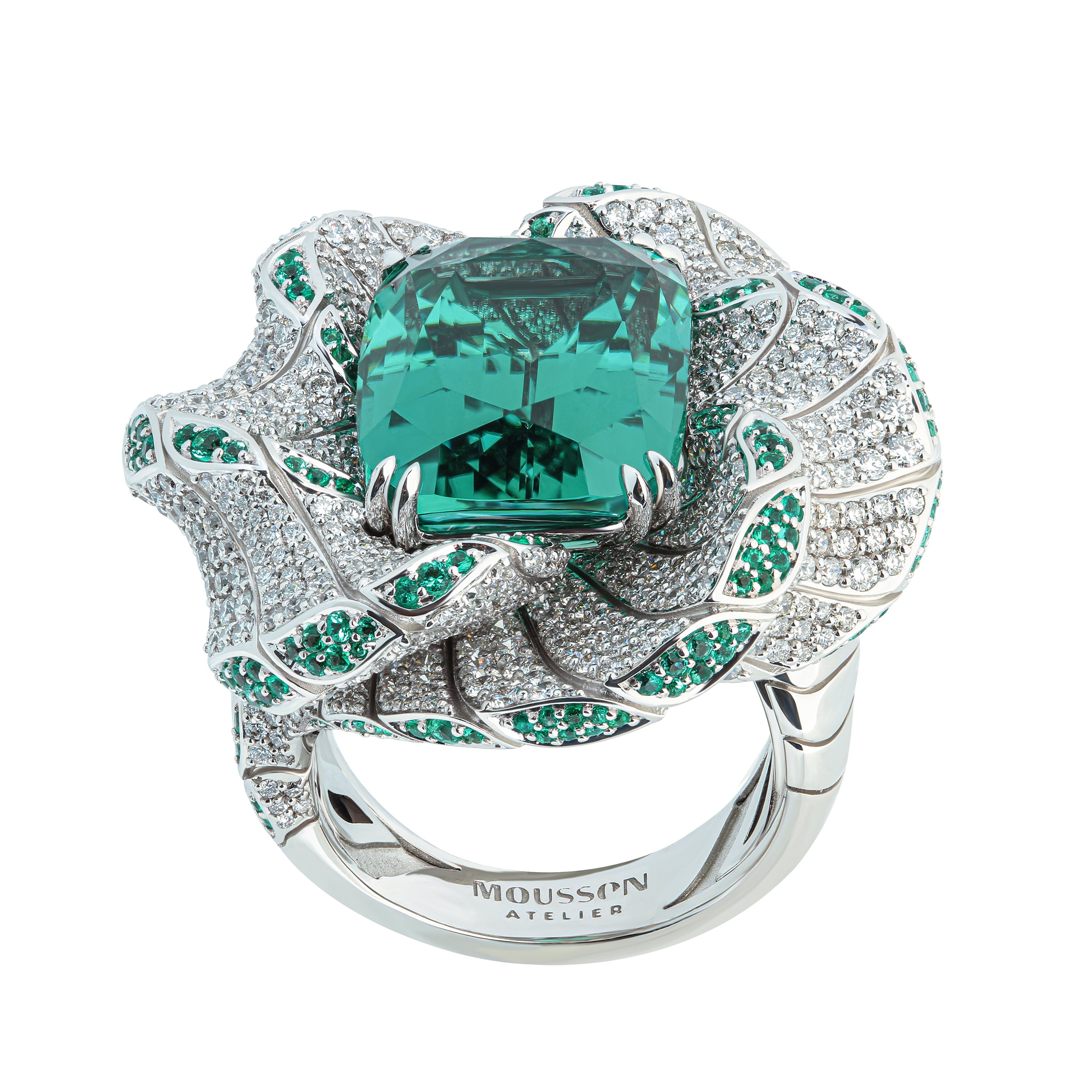 Tourmaline, Emeralds, Diamonds 18K White Gold Ring, R 0121-1