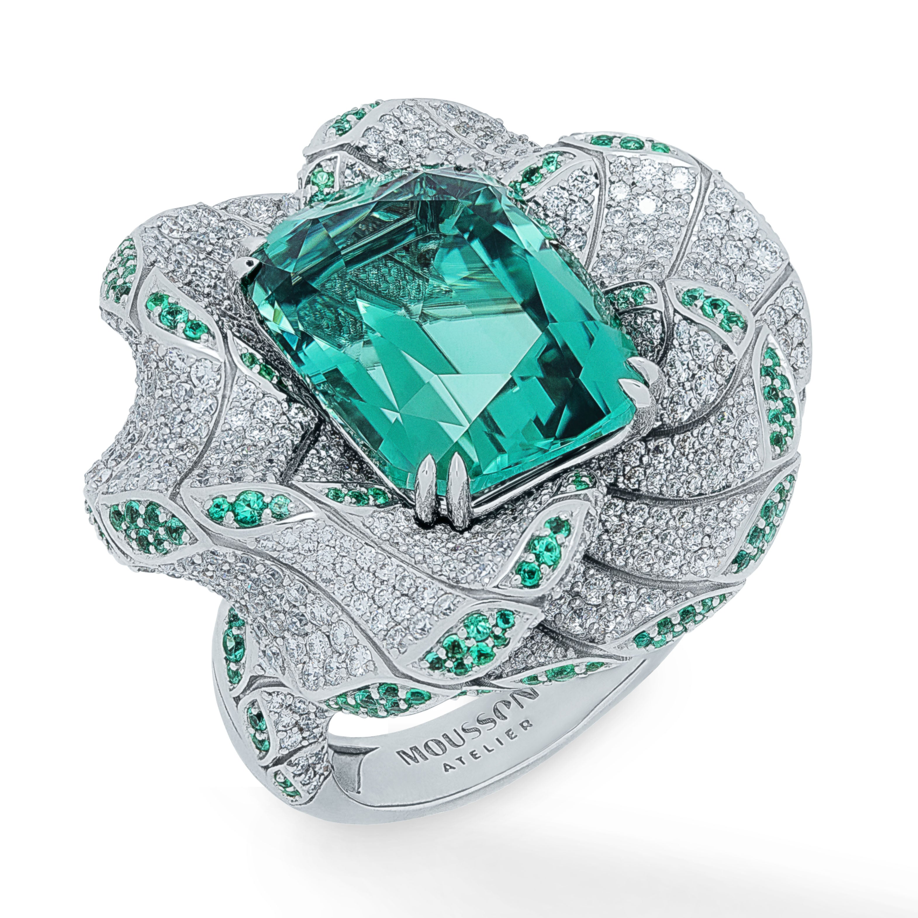 R 0121-1 18K White Gold, Tourmaline, Emeralds, Diamonds Ring