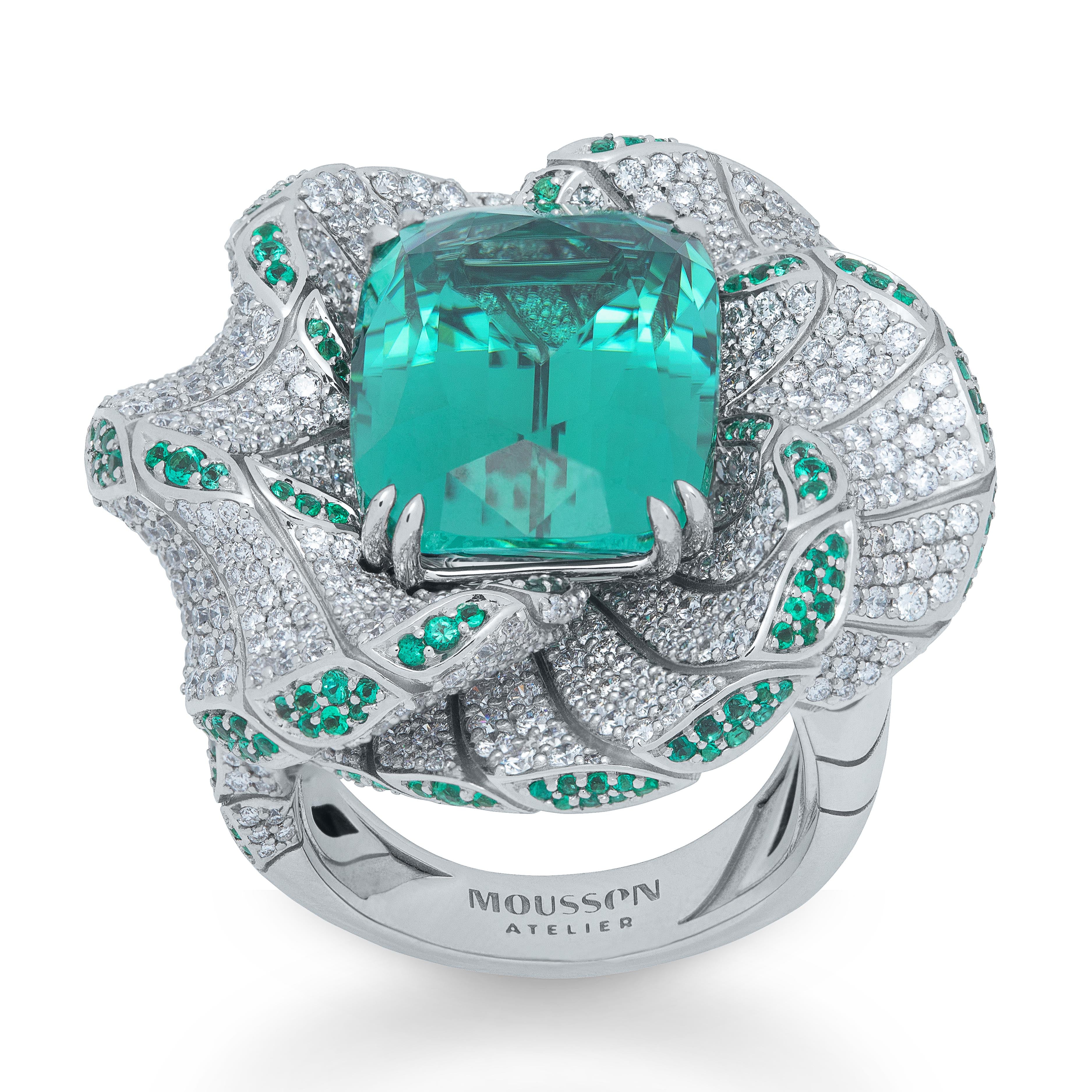 R 0121-1 18K White Gold, Tourmaline, Emeralds, Diamonds Ring