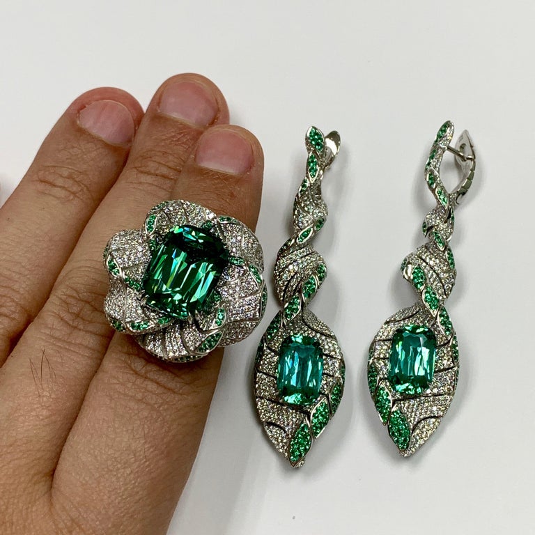 Tourmaline, Emeralds, Diamonds 18K White Gold Ring, R 0121-1