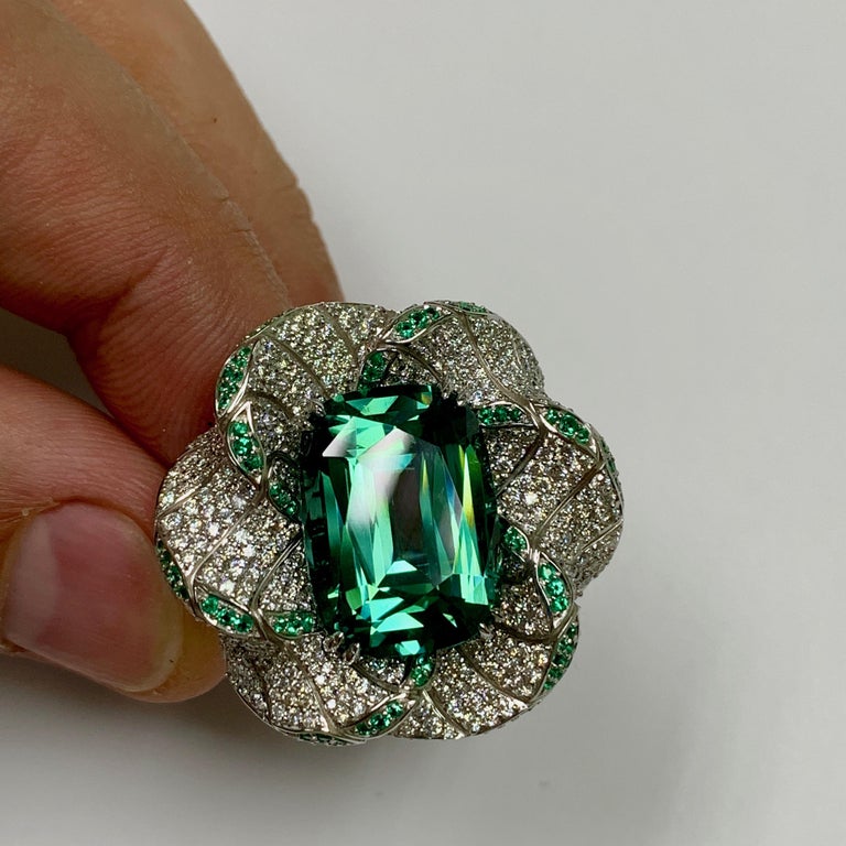 Tourmaline, Emeralds, Diamonds 18K White Gold Ring, R 0121-1