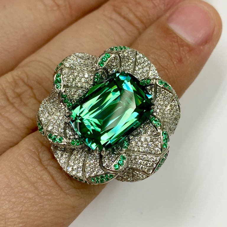 Tourmaline, Emeralds, Diamonds 18K White Gold Ring, R 0121-1