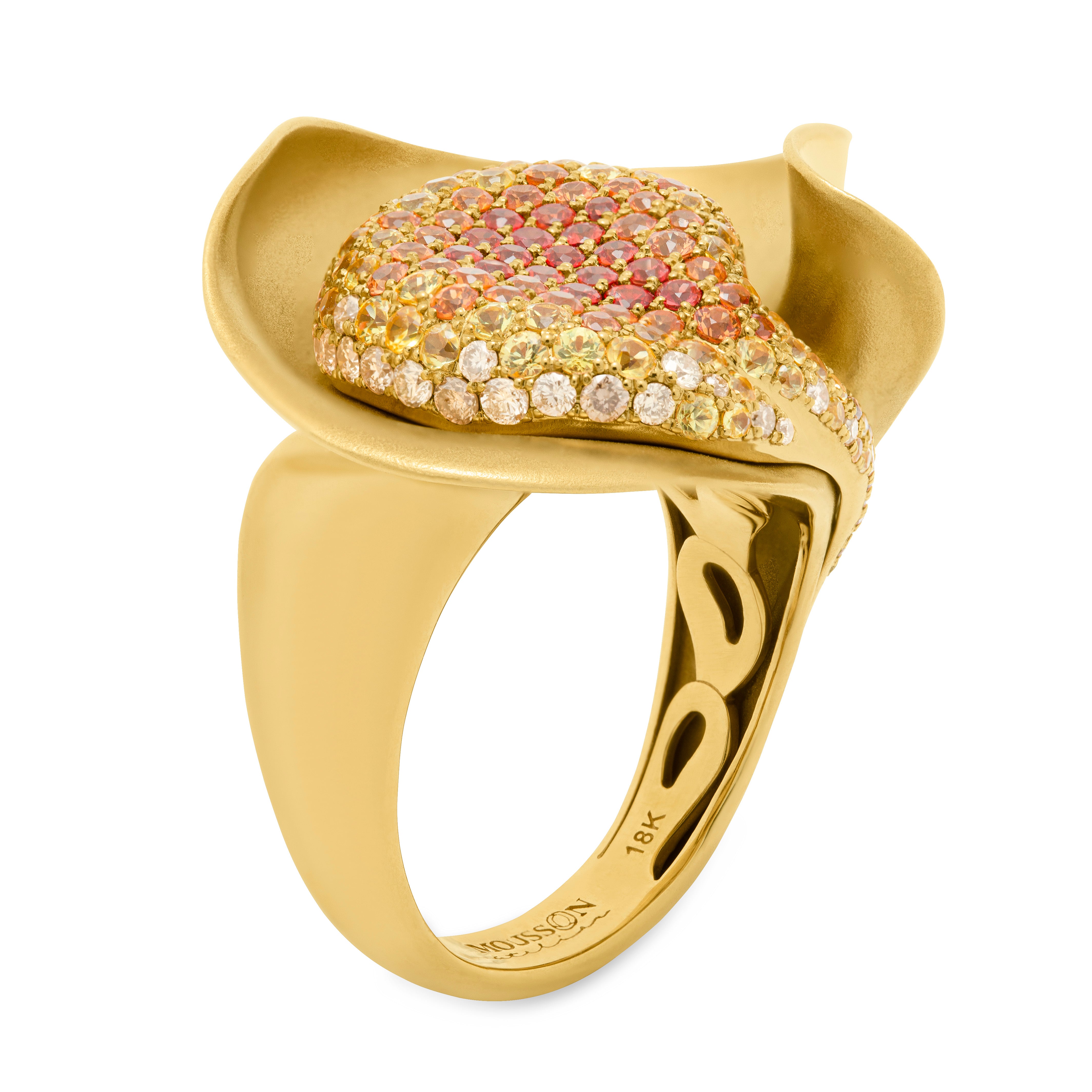 R 0130-0, 18K Yellow Gold, Diamonds, Yellow and Orange Sapphire Ring