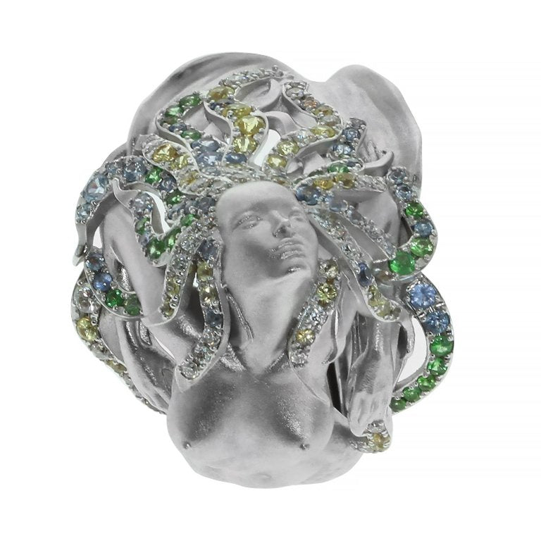 Sapphires, Tsavorites, Diamonds 18K White Gold Ring, R 0163-0