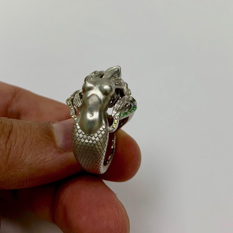 Sapphires, Tsavorites, Diamonds 18K White Gold Ring, R 0163-0