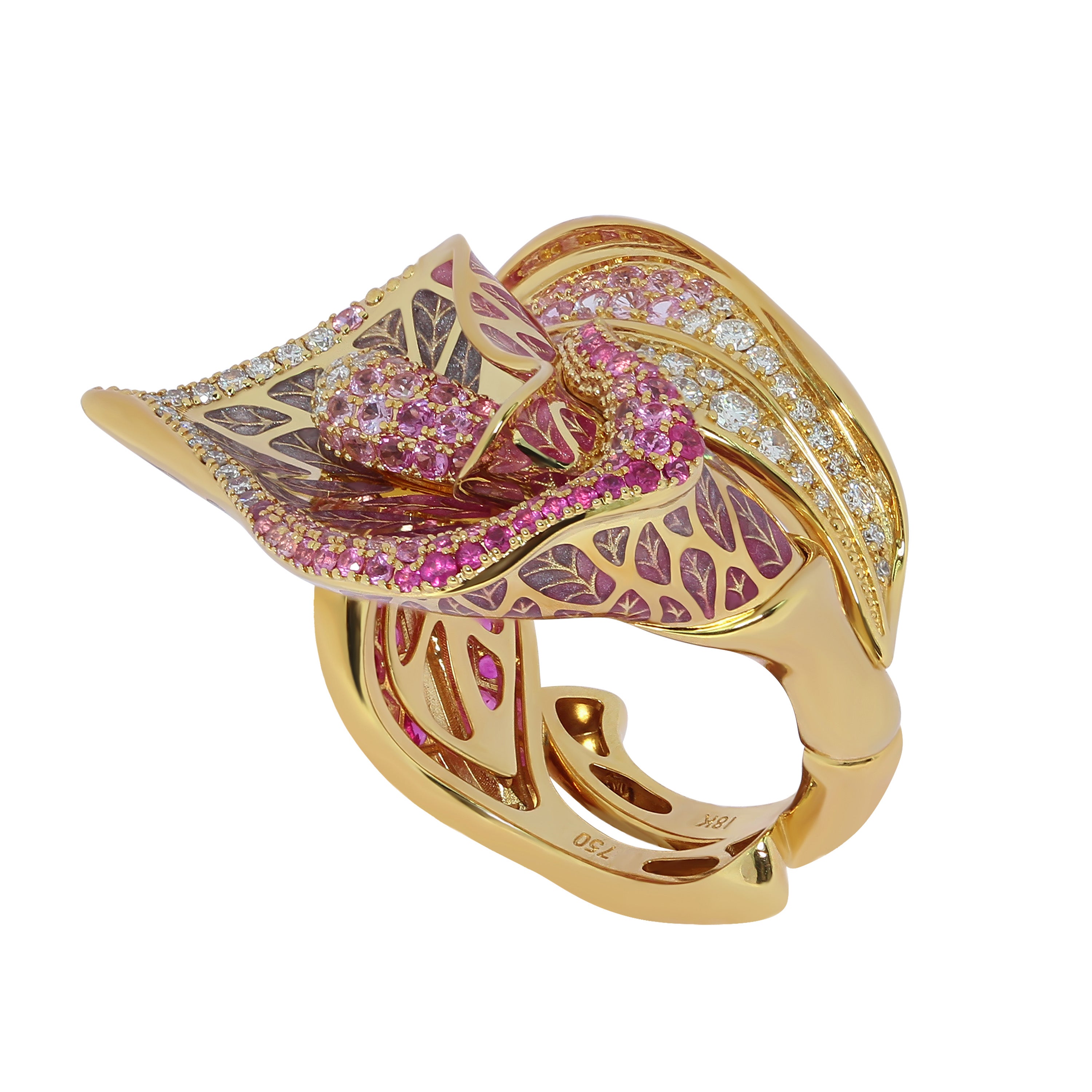 Enamel, Pink Sapphires, Diamonds 18K Yellow Gold Ring, R 0275-7
