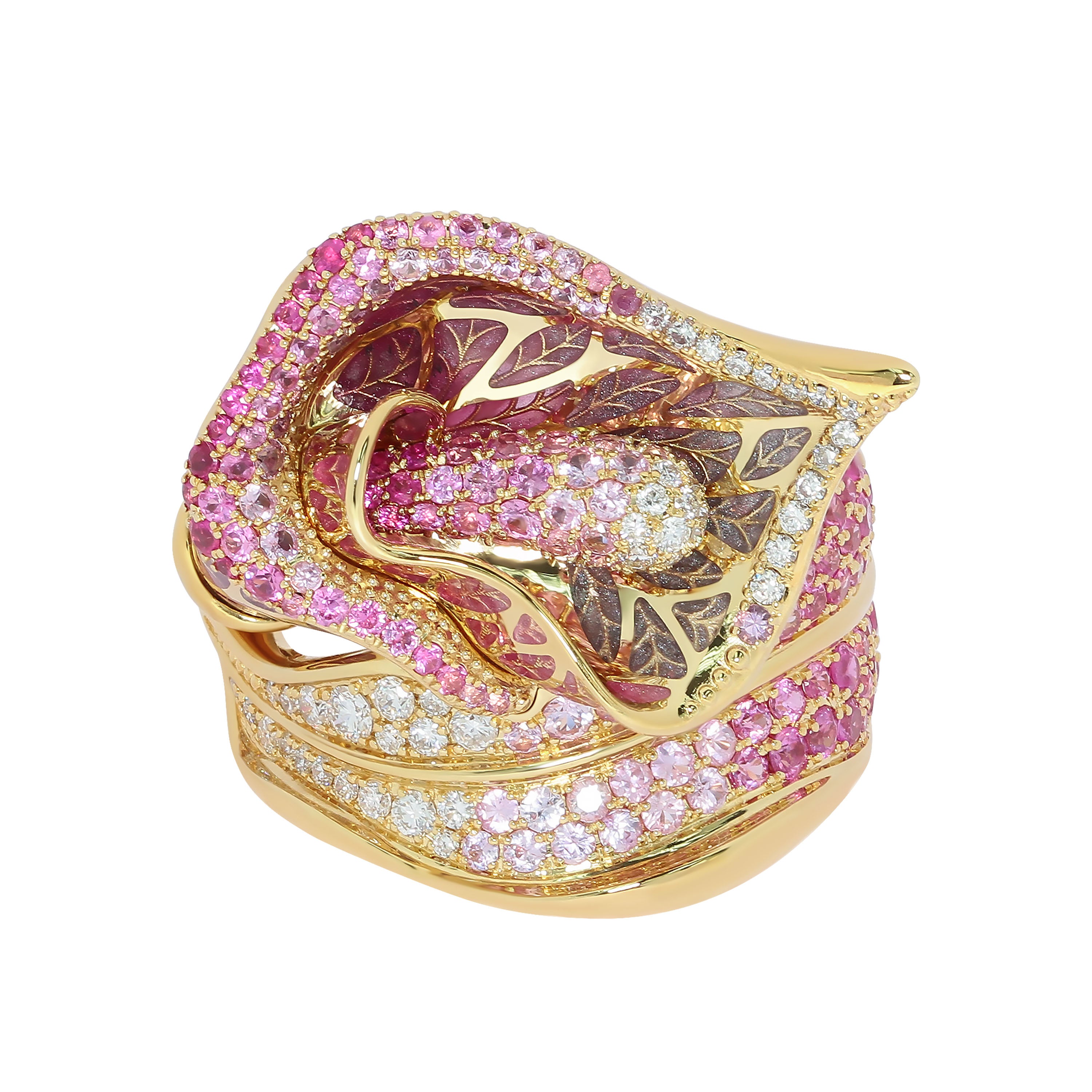 Enamel, Pink Sapphires, Diamonds 18K Yellow Gold Ring, R 0275-7