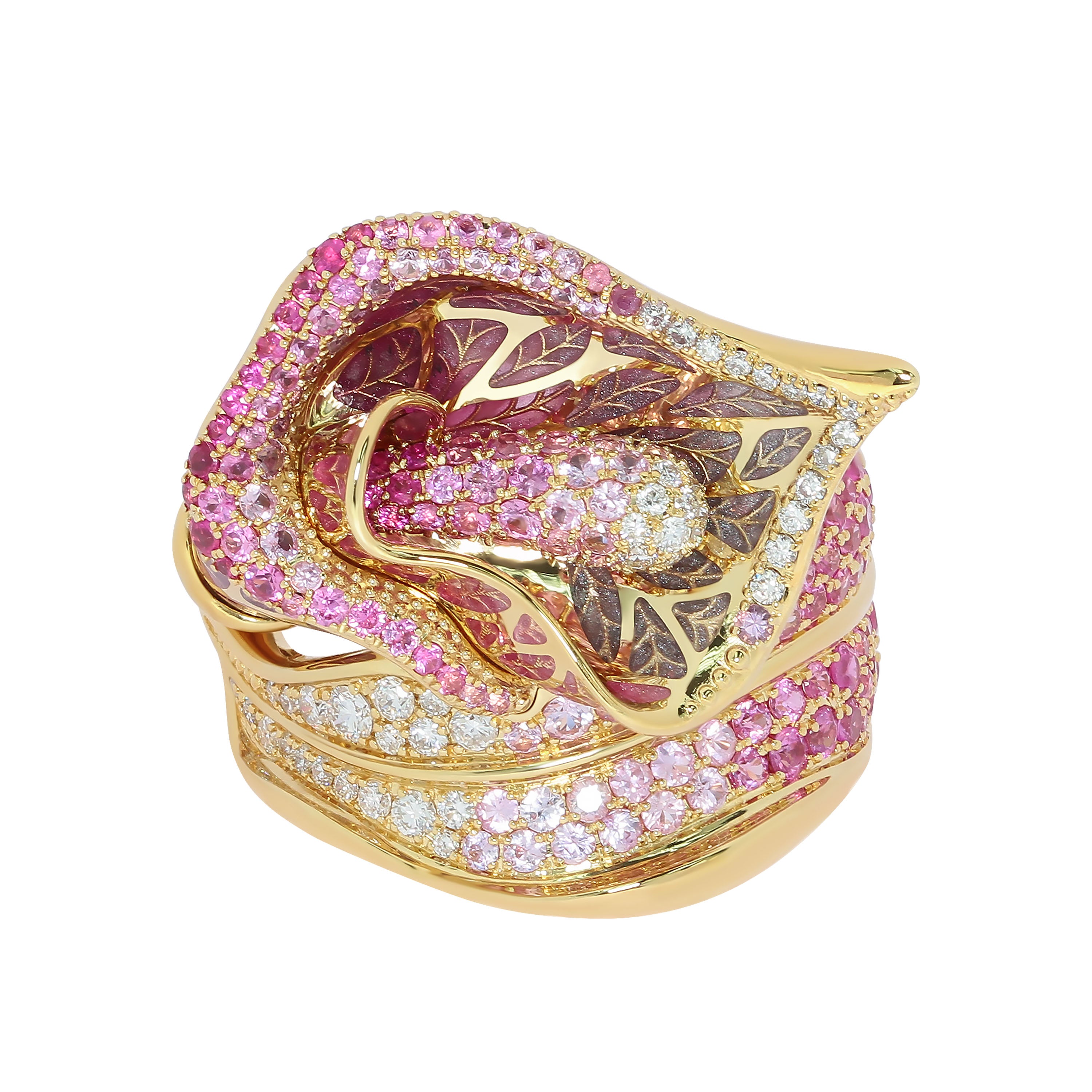 R 0275-7, 18K Yellow Gold, Enamel, Pink Sapphires, Diamonds Ring
