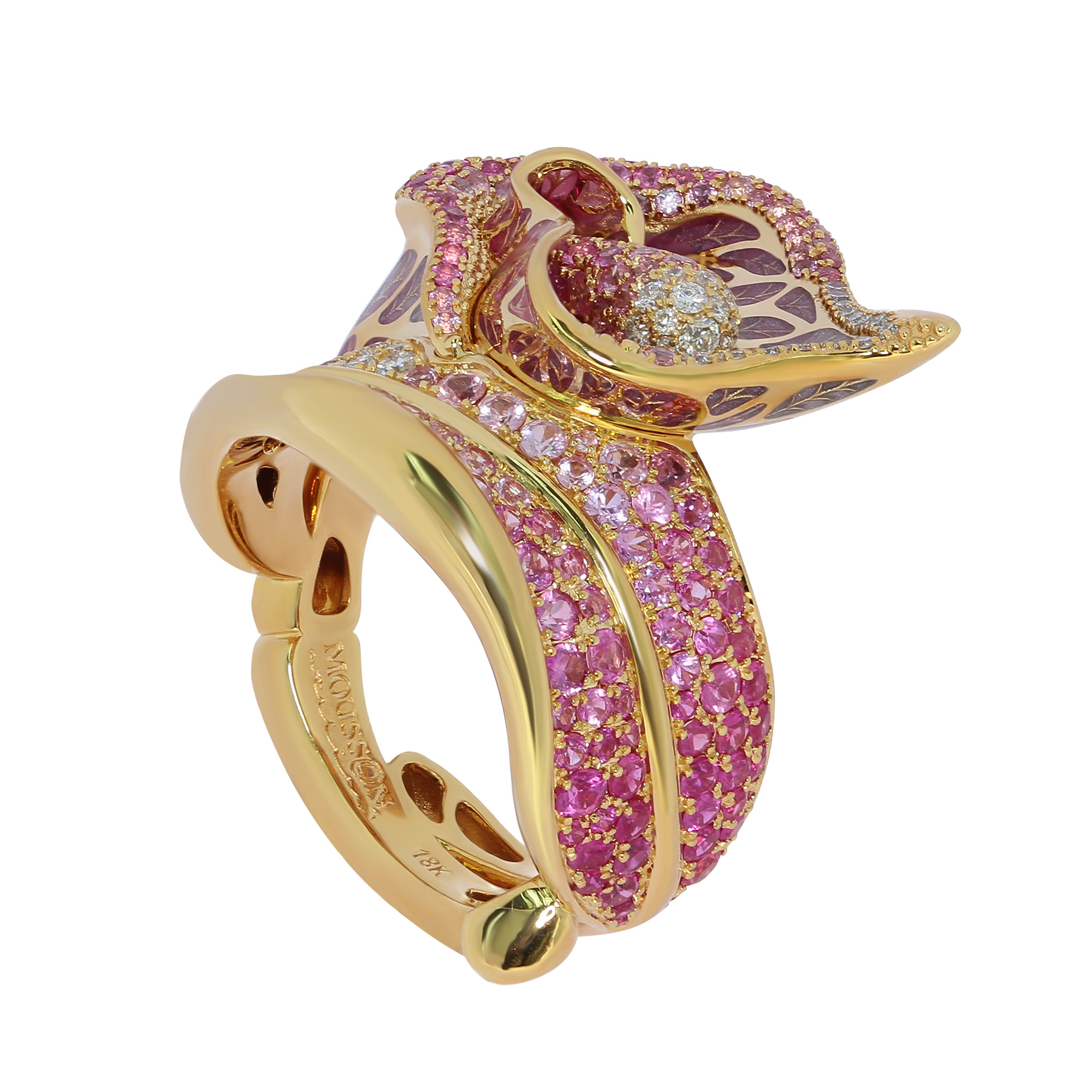 Enamel, Pink Sapphires, Diamonds 18K Yellow Gold Ring, R 0275-7