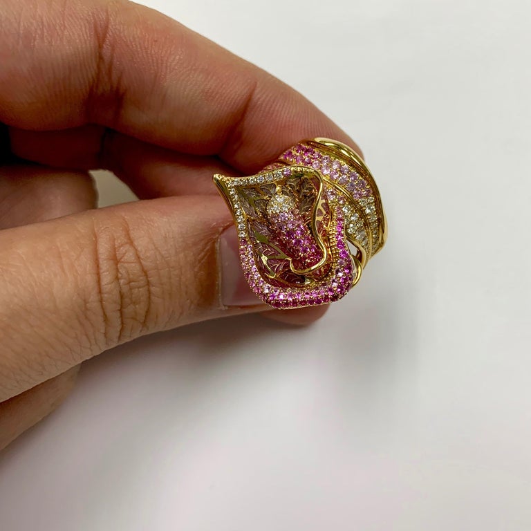 Enamel, Pink Sapphires, Diamonds 18K Yellow Gold Ring, R 0275-7