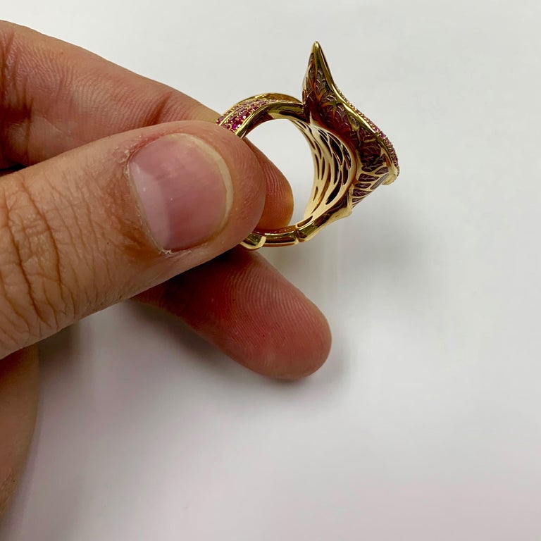 Enamel, Pink Sapphires, Diamonds 18K Yellow Gold Ring, R 0275-7