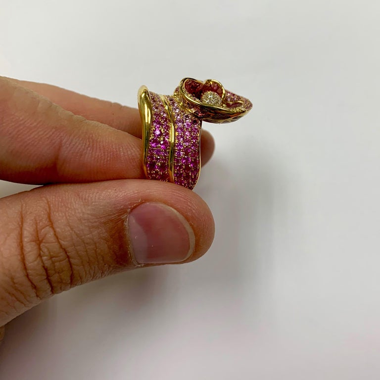 Enamel, Pink Sapphires, Diamonds 18K Yellow Gold Ring, R 0275-7