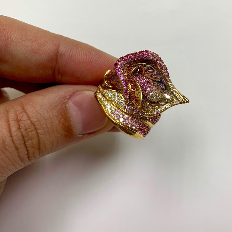 Enamel, Pink Sapphires, Diamonds 18K Yellow Gold Ring, R 0275-7