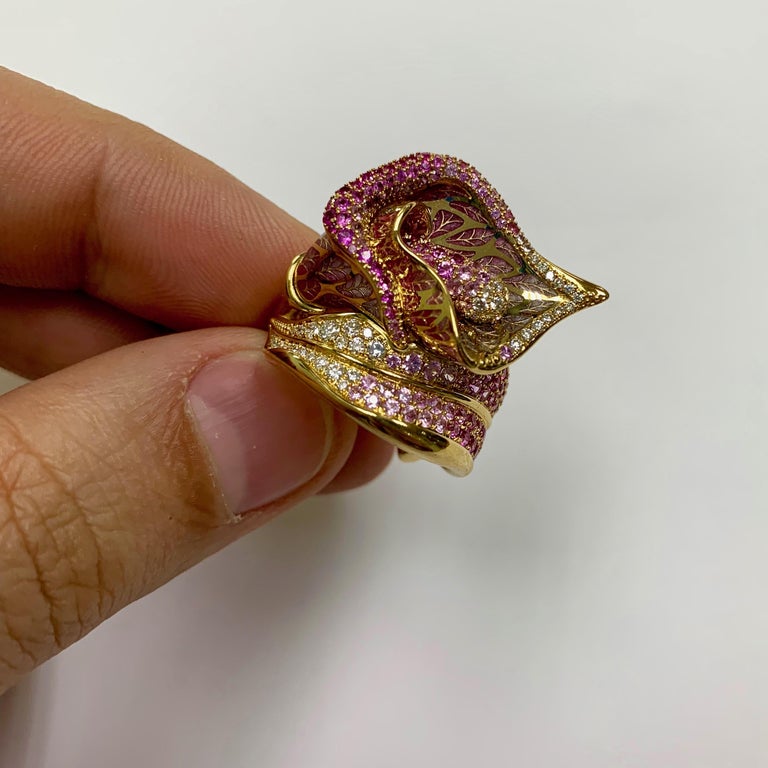 Enamel, Pink Sapphires, Diamonds 18K Yellow Gold Ring, R 0275-7