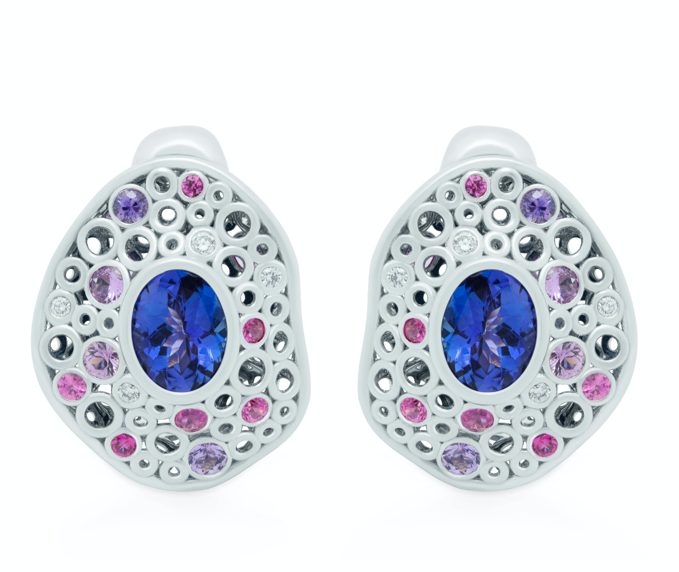 Tanzanite, Diamonds, Purple Pink Sapphires 18K White Gold Earrings, E 0023-6