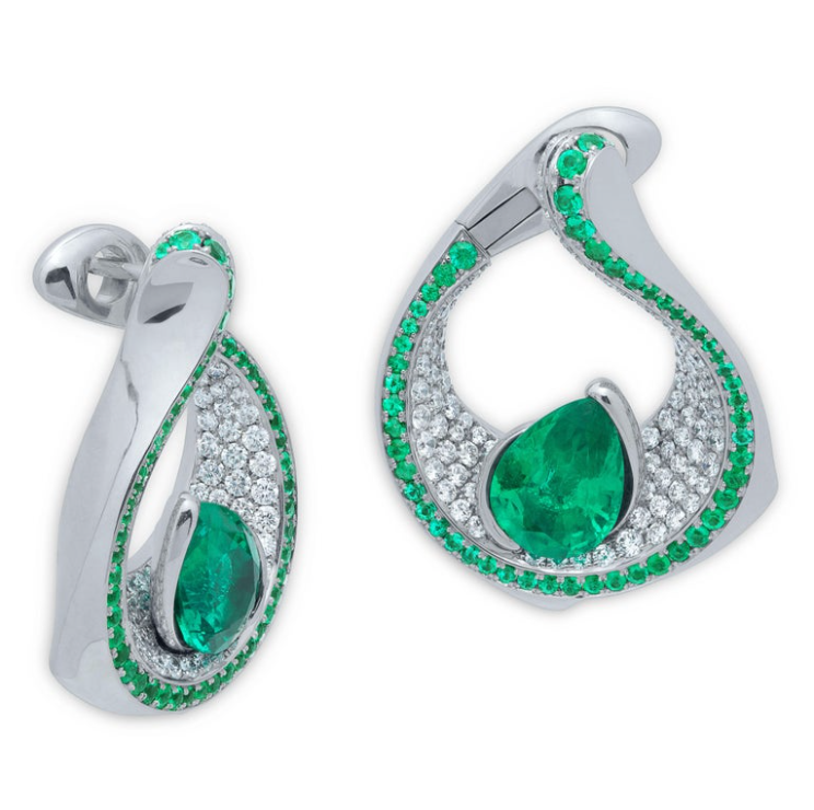 Emerald, Diamonds 18K White Gold Earrings, E 0120-0