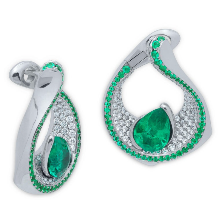 E 0120-0 18K White Gold, Emerald, Diamonds Earrings