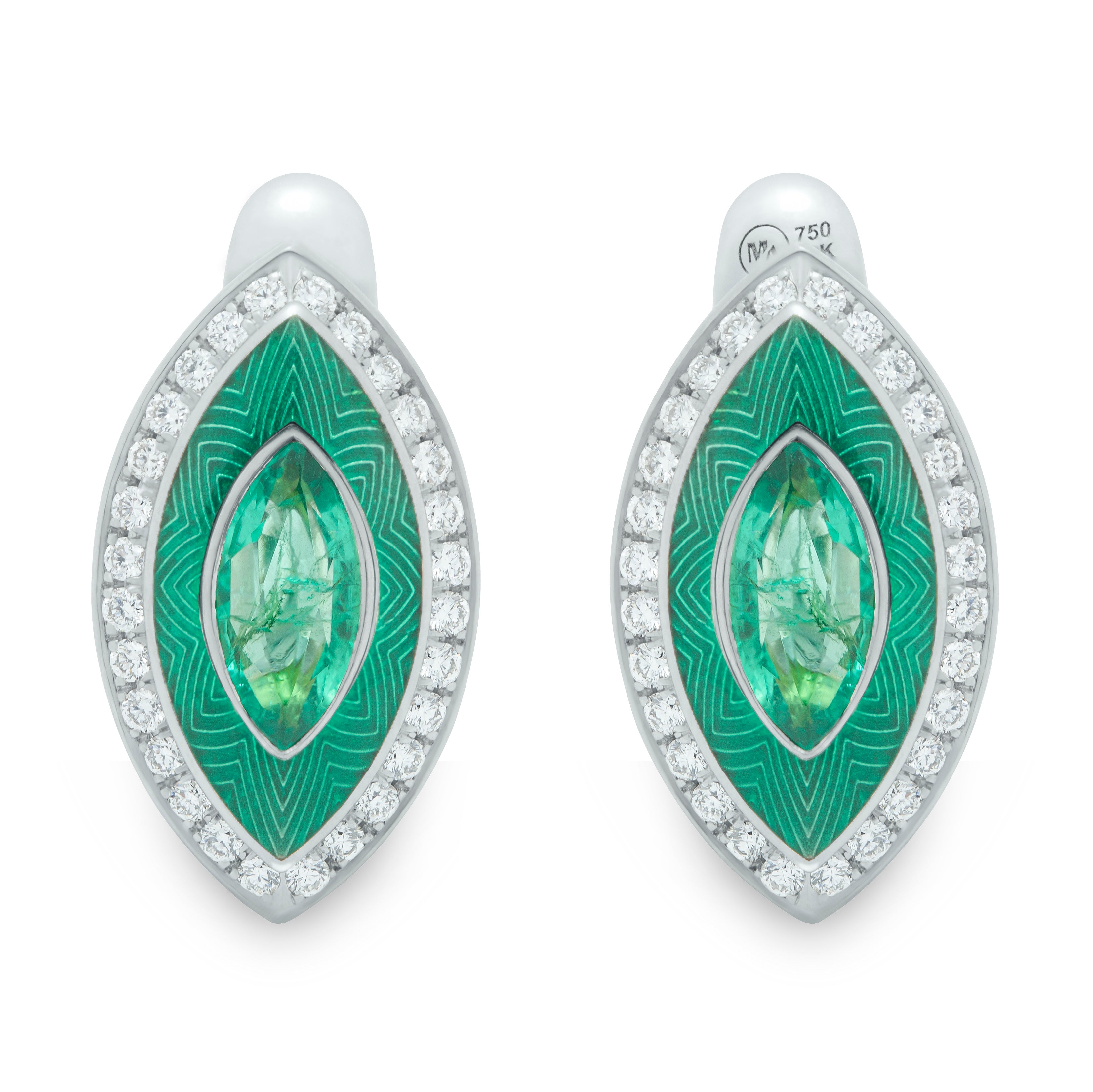Enamel, Emerald, Diamonds 18K White Gold Earrings, E 0084-11