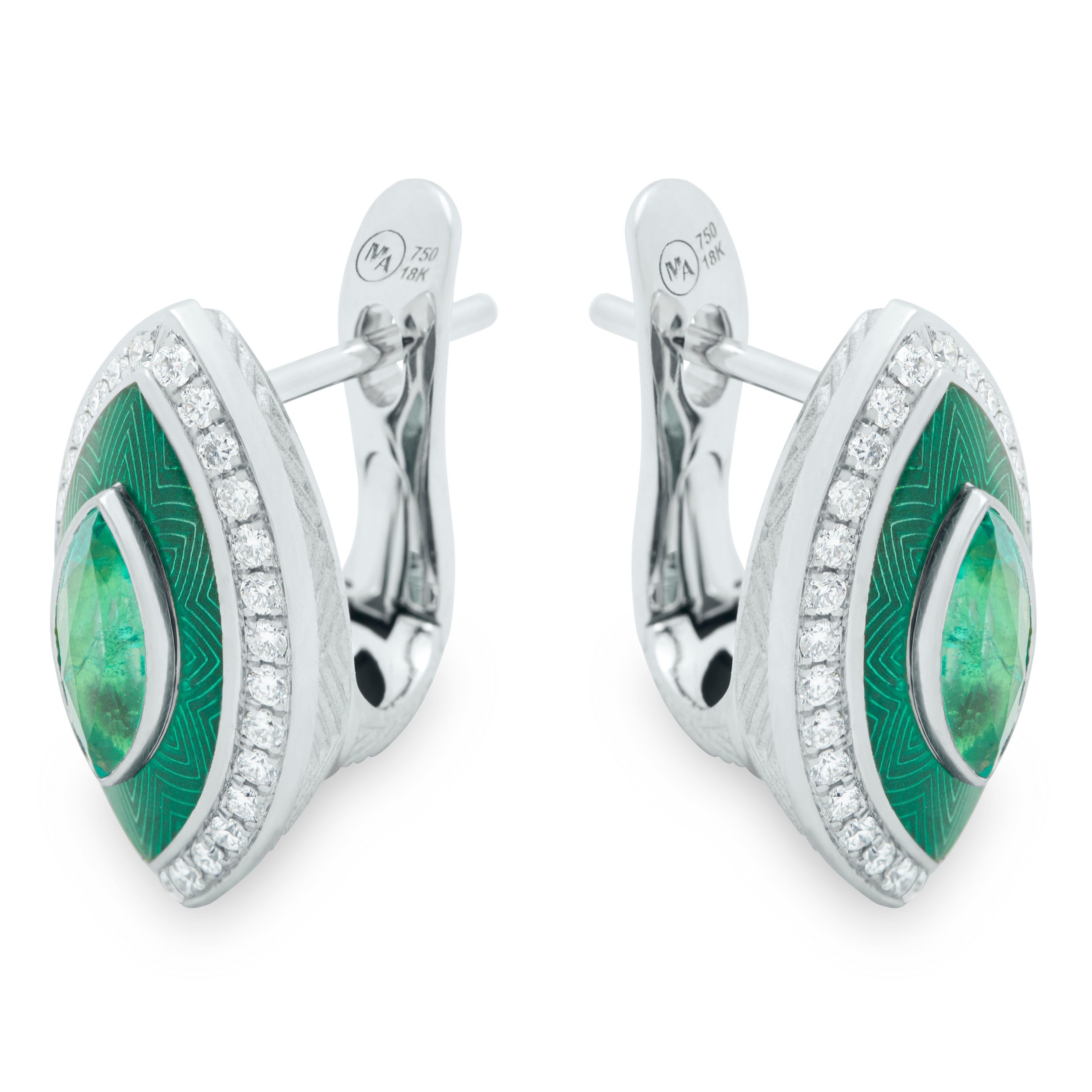 Enamel, Emerald, Diamonds 18K White Gold Earrings, E 0084-11